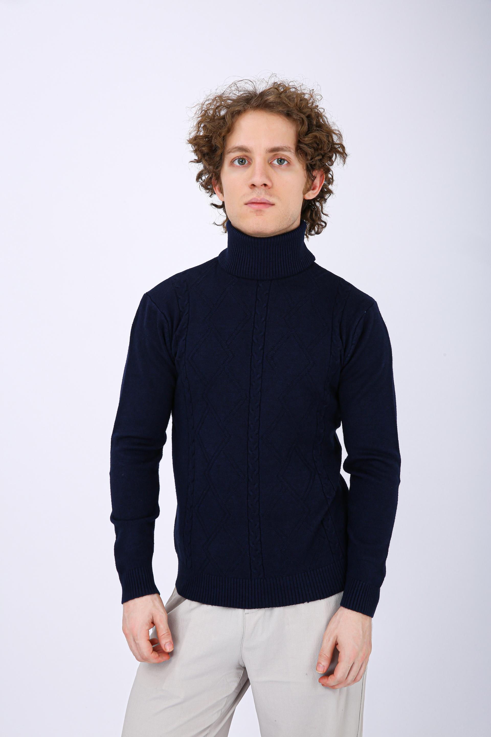 Men's Premium Diamond Knit Turtleneck Sweater - Dark Blue Full Neck
