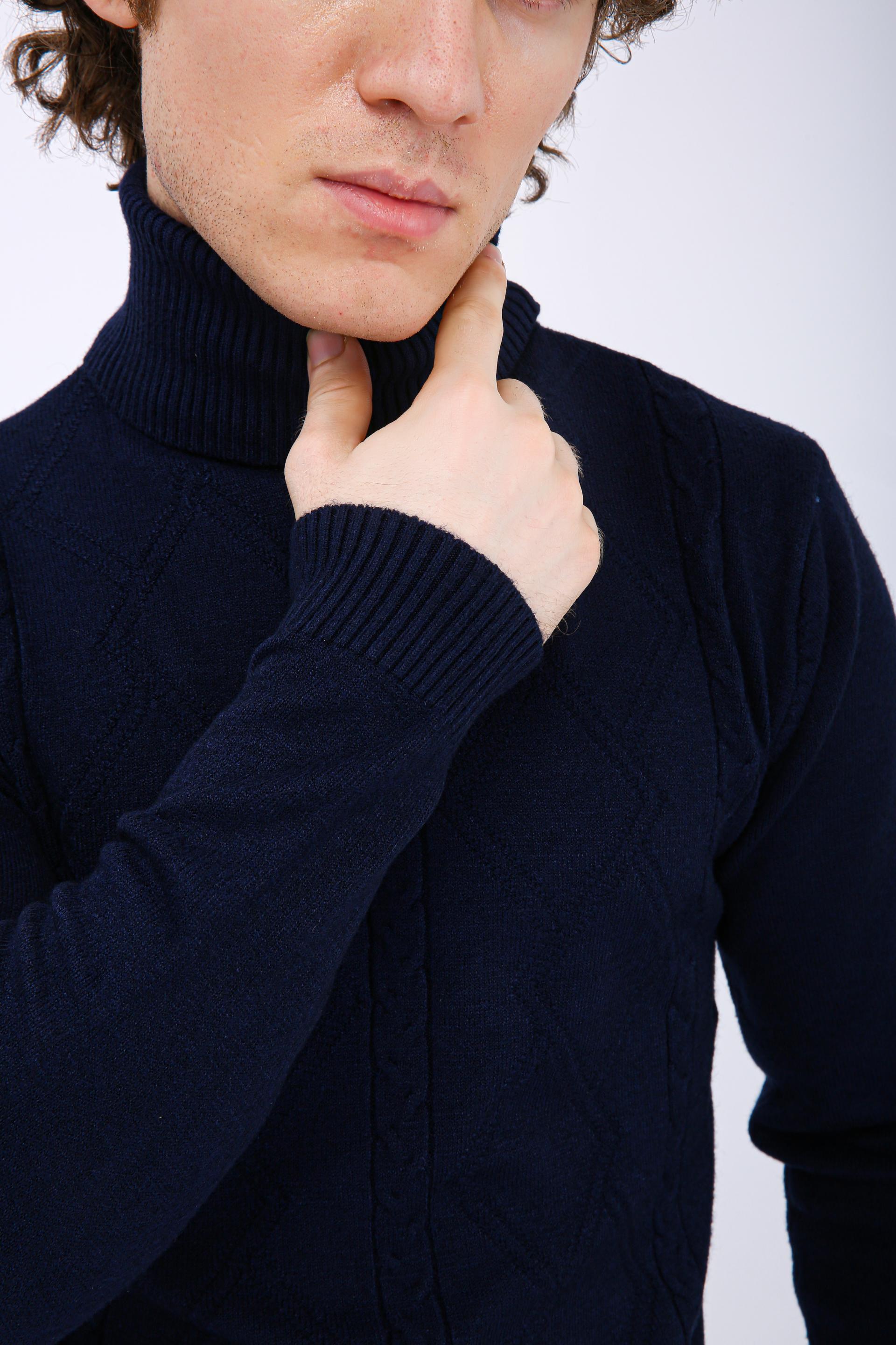 Men's Premium Diamond Knit Turtleneck Sweater - Dark Blue Full Neck