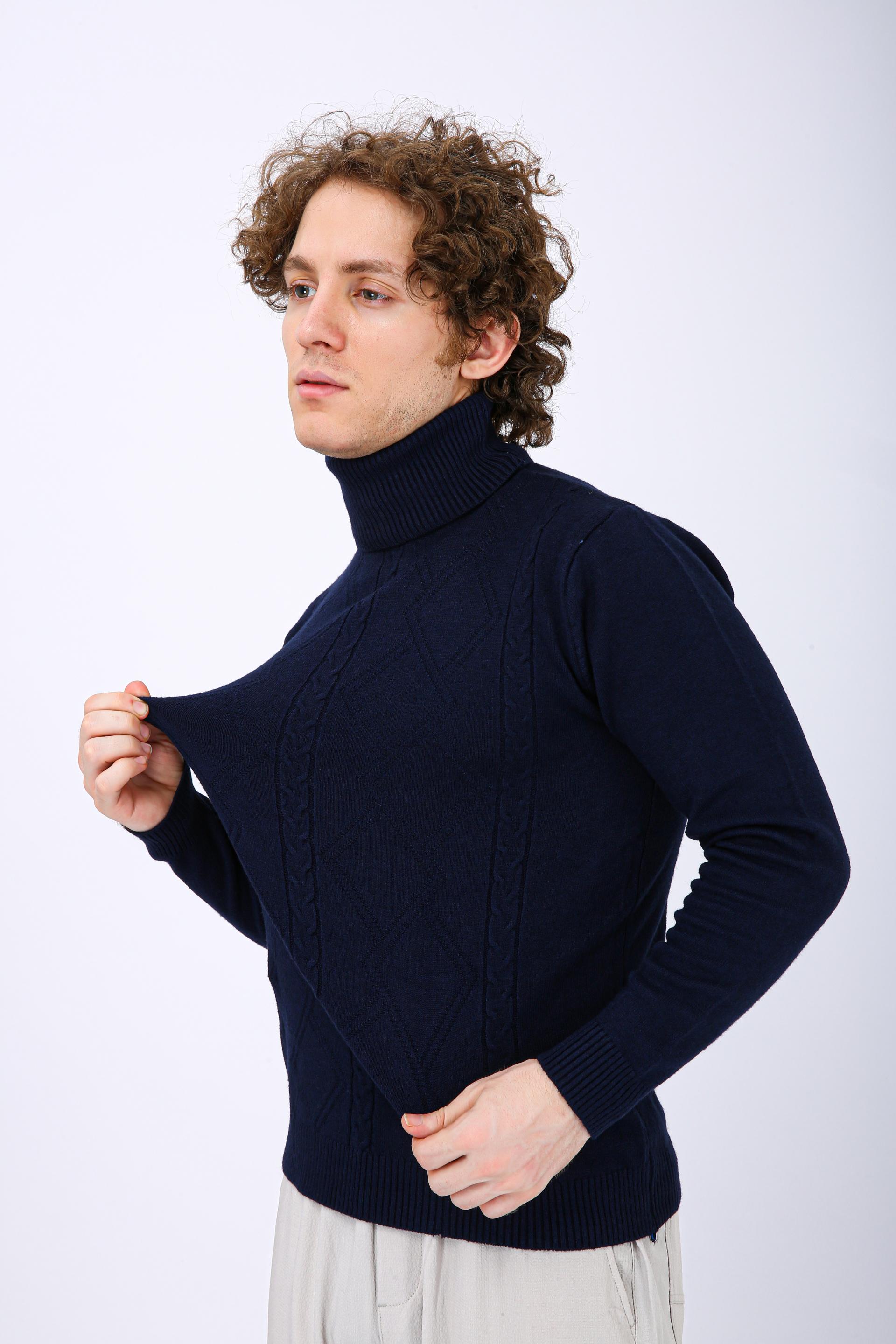 Men's Premium Diamond Knit Turtleneck Sweater - Dark Blue Full Neck