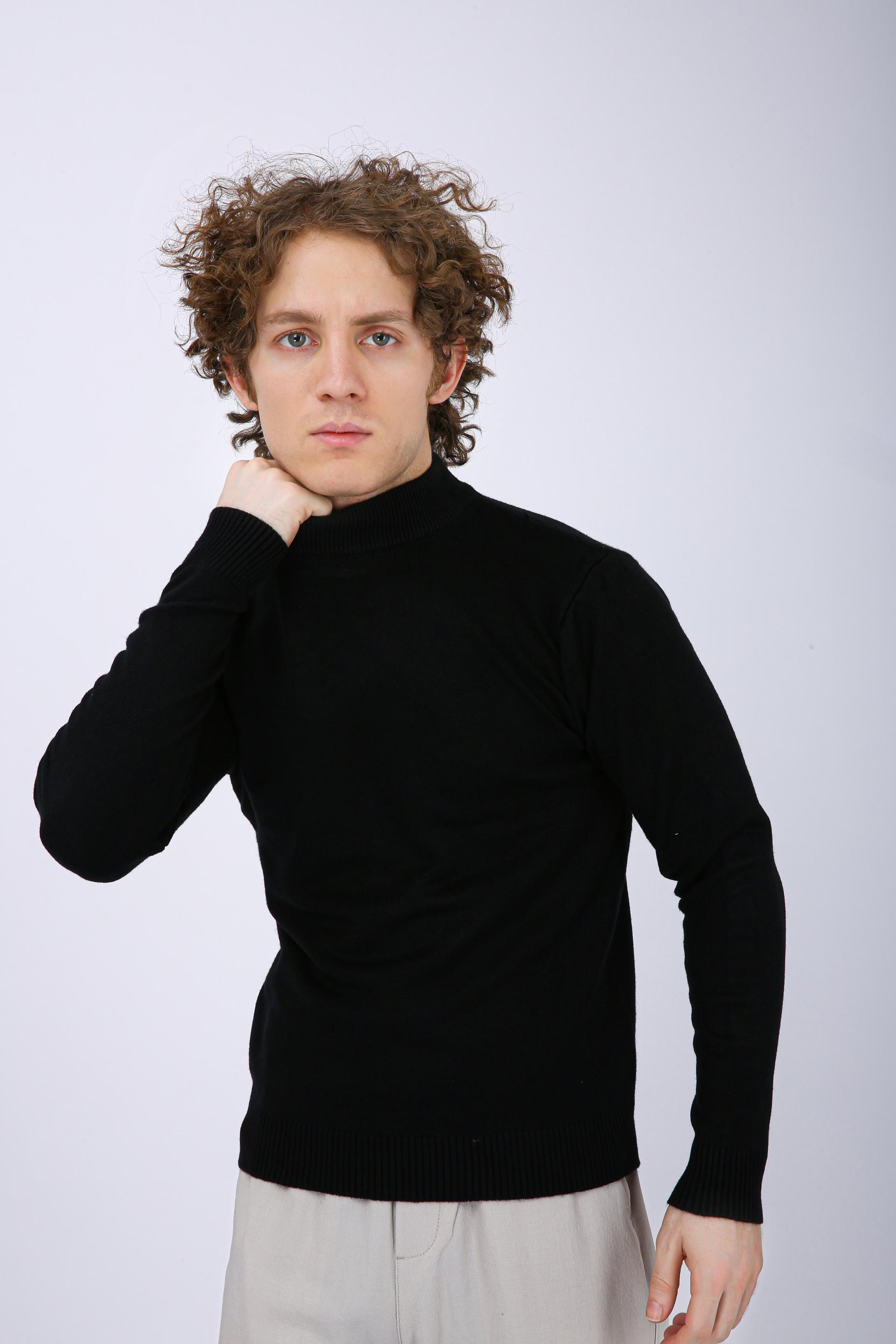 Men's Premium Diamond Knit Turtleneck Sweater - Black Plain Short Neck