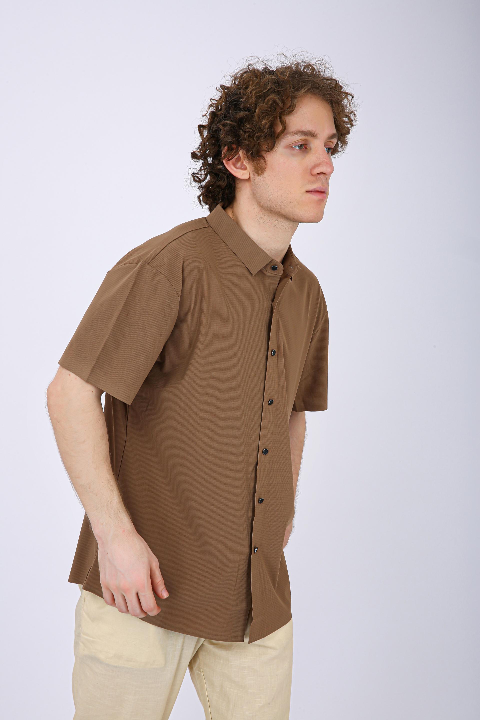 Men's Premium Solid Textured Casual Half Sleeve Shirt - Chiku