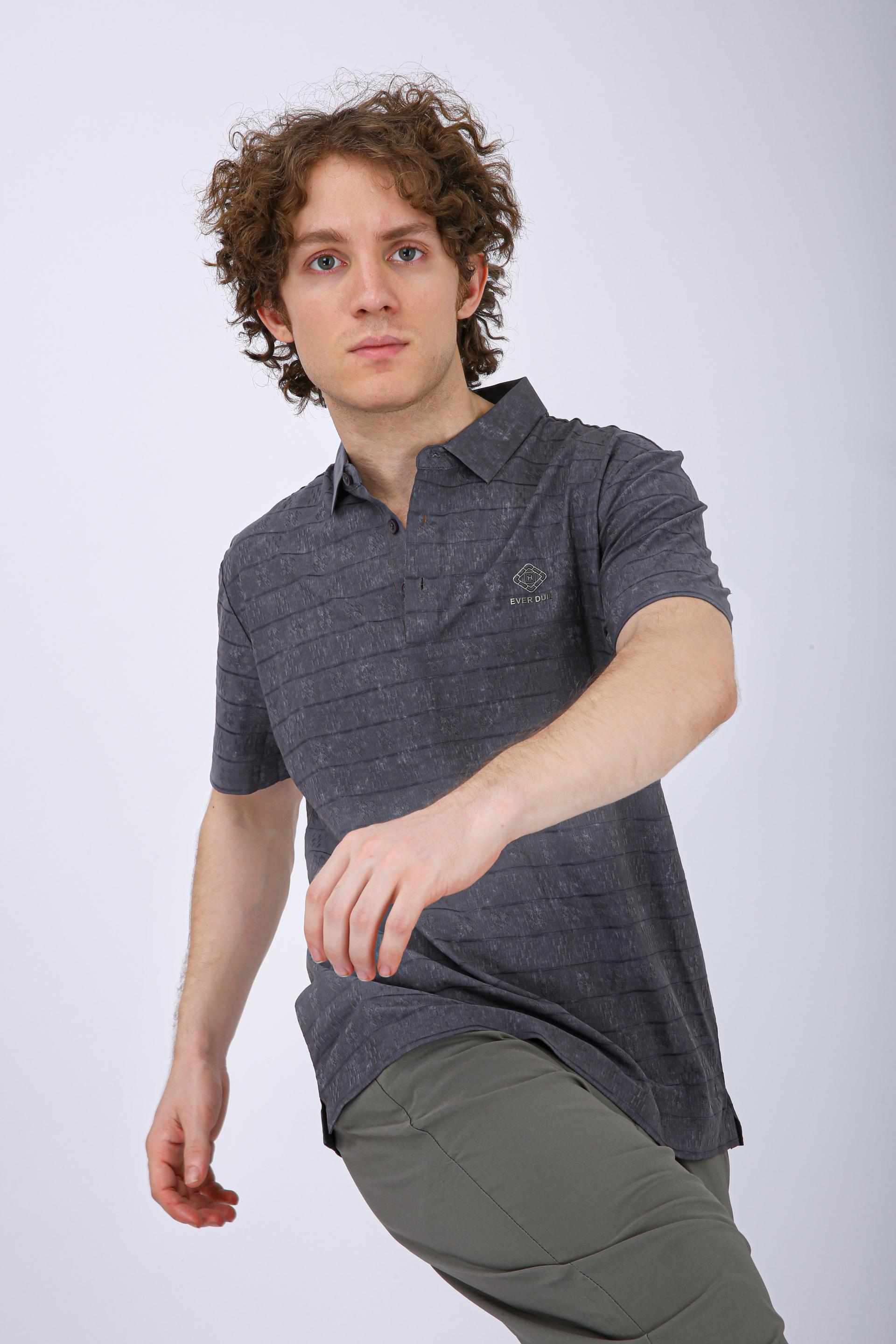 Men's Premium Textured Striped Polo T-Shirt - Light Grey
