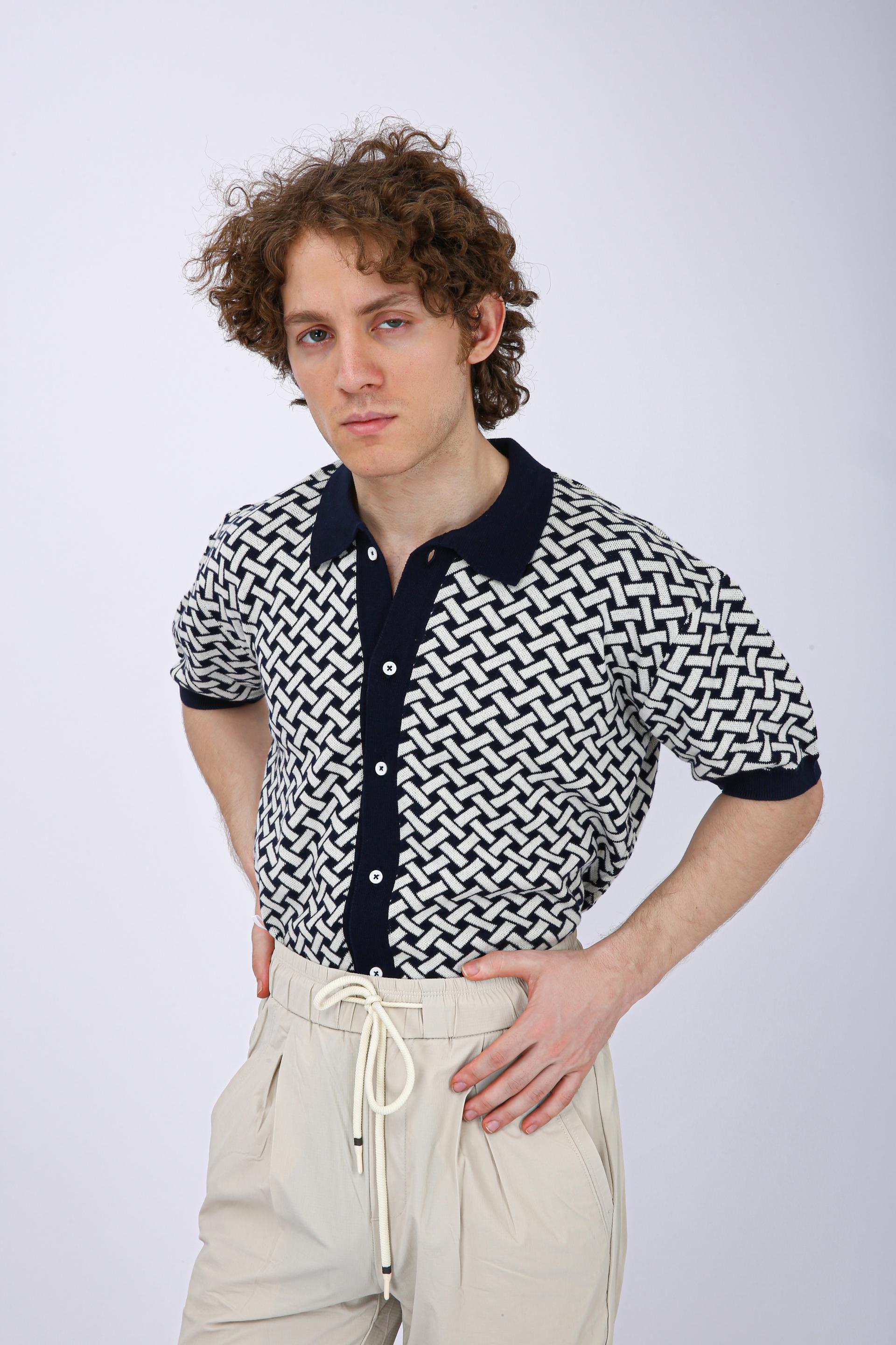 Men's Premium Knitted Jacquard Polo Shirt - Navy