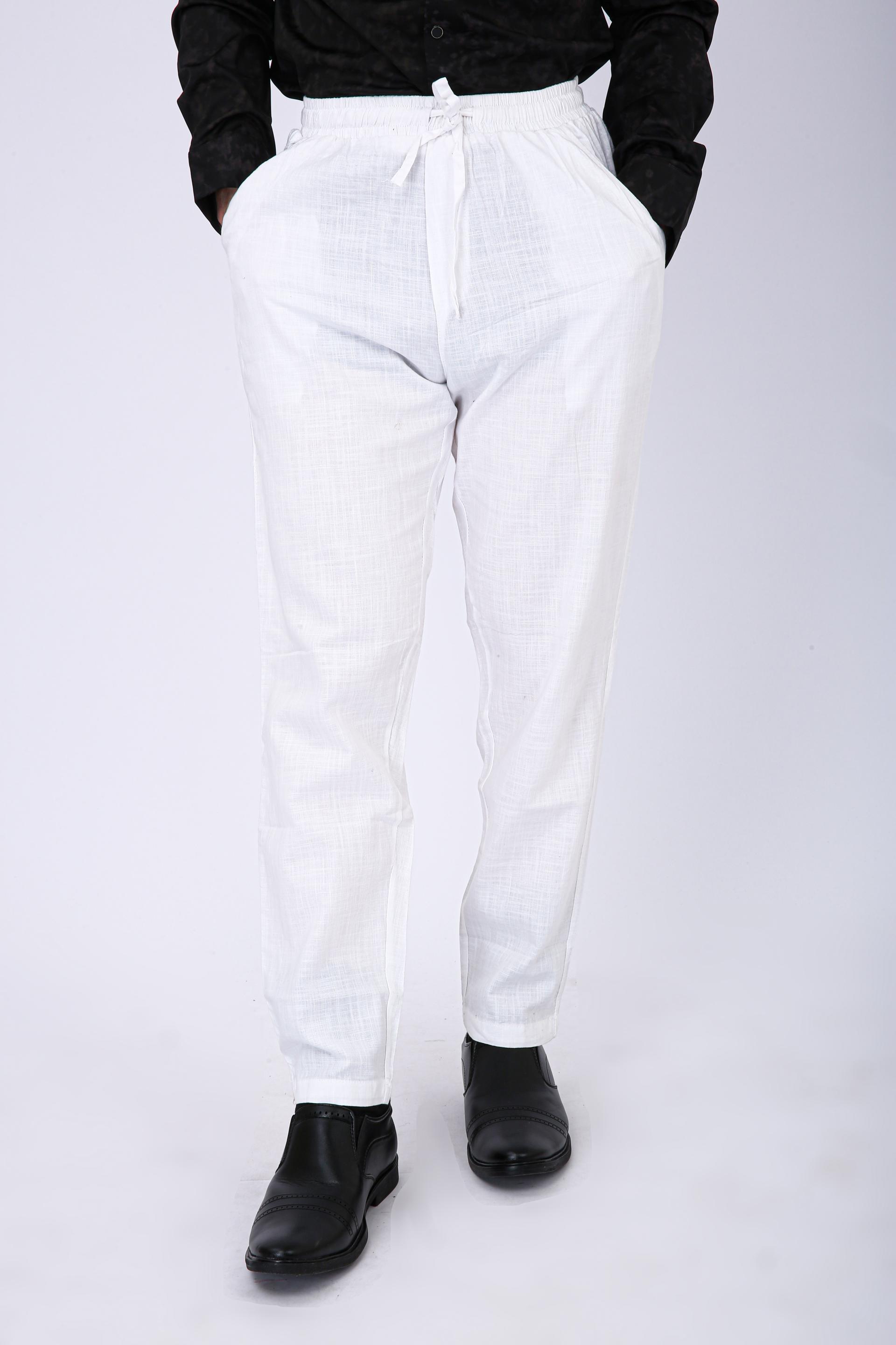 Men's Premium White Linen Blend Drawstring Casual Trousers - White