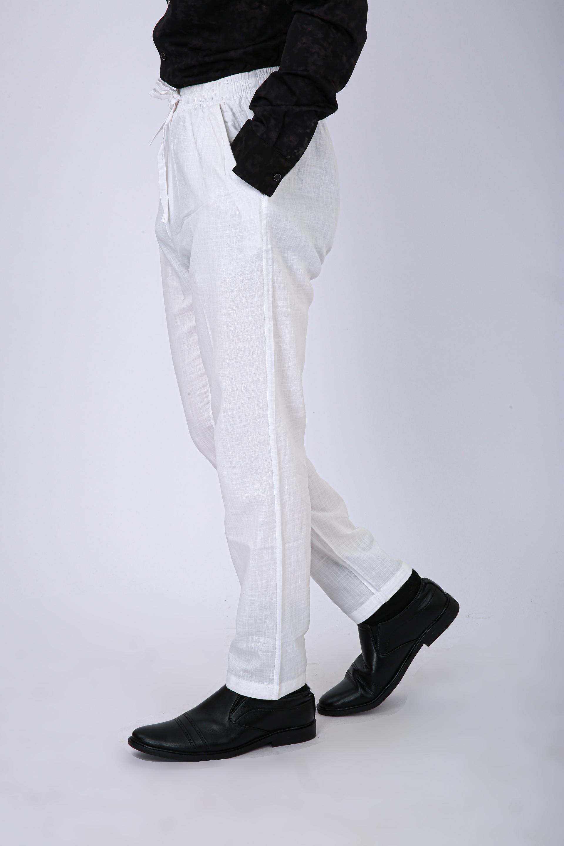 Men's Premium White Linen Blend Drawstring Casual Trousers - White