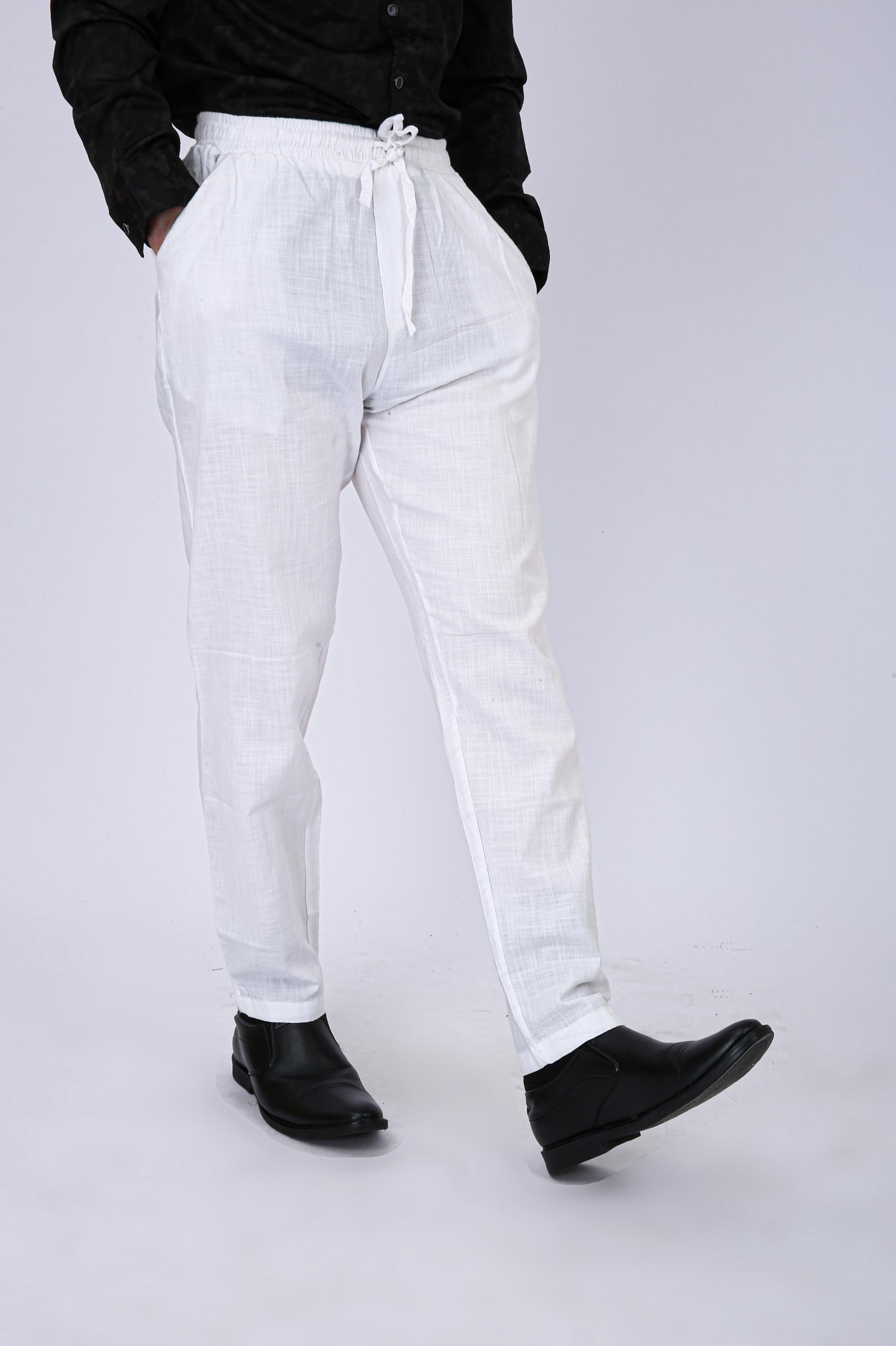 Men's Premium White Linen Blend Drawstring Casual Trousers - White