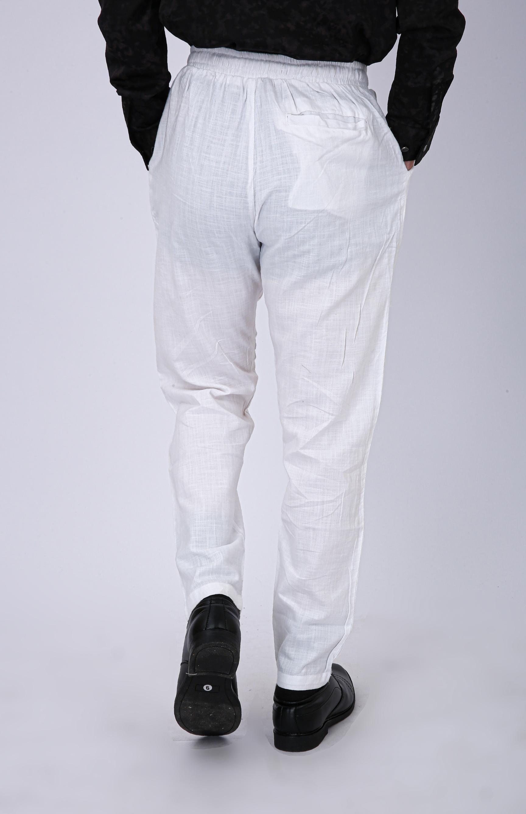 Men's Premium White Linen Blend Drawstring Casual Trousers - White