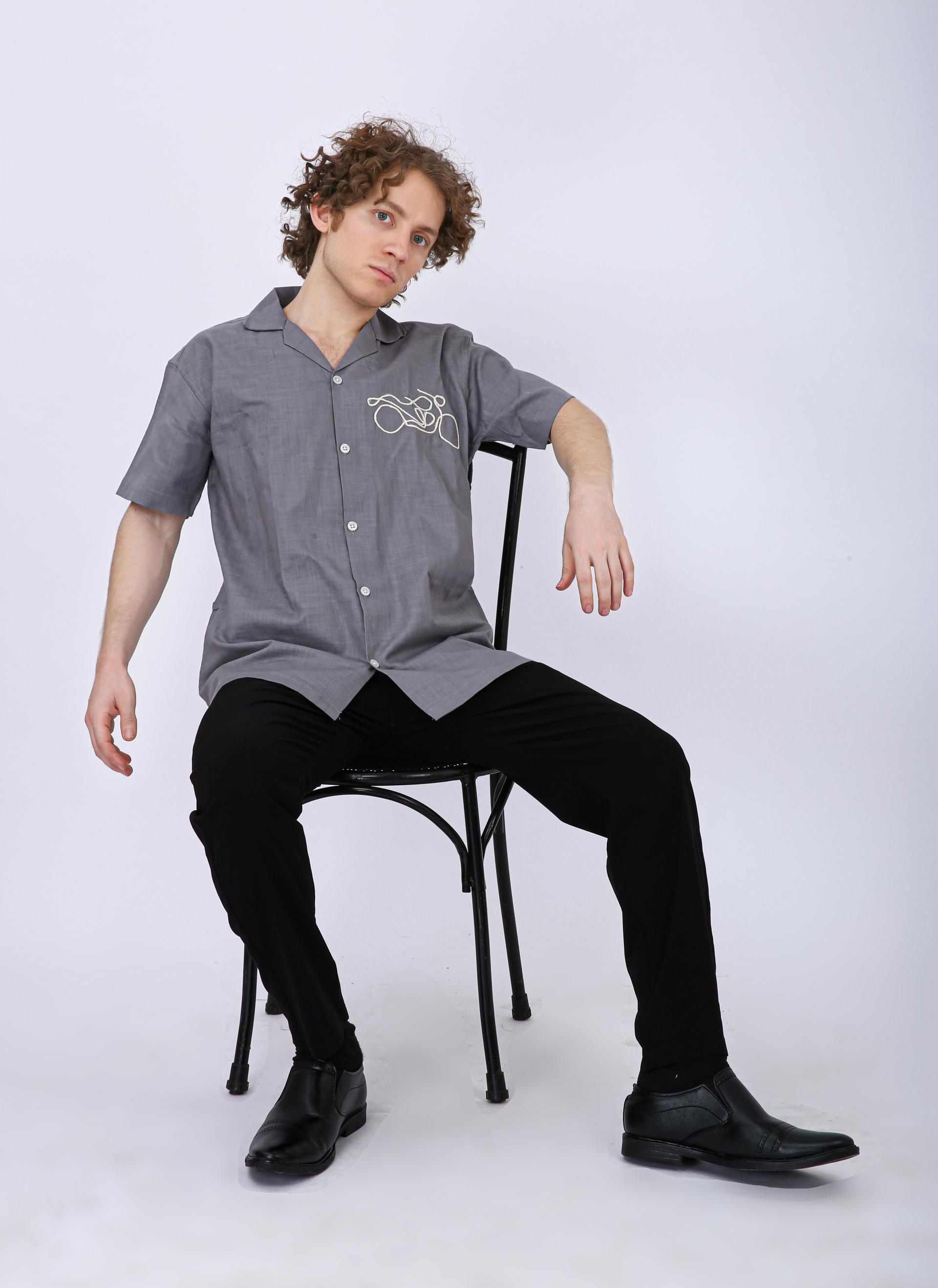 Mooniman Men's Premium Embroidered Formal Shirt -Grey - Half