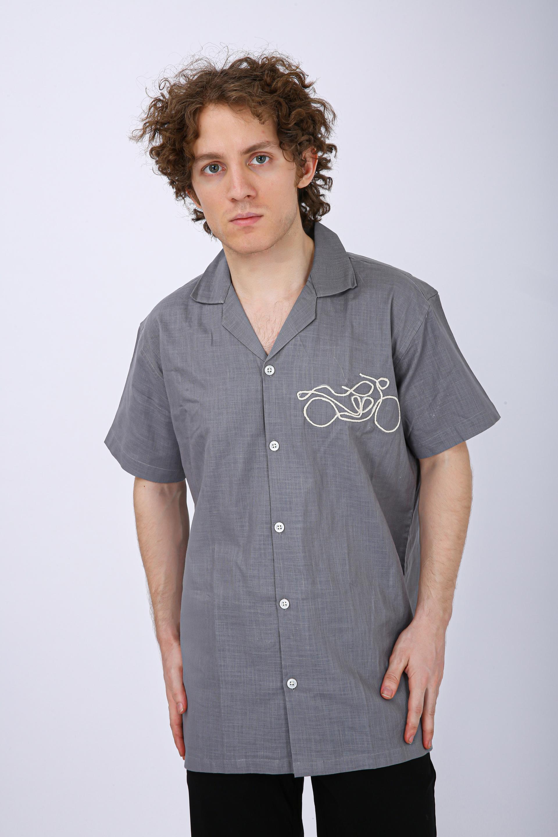 Mooniman Men's Premium Embroidered Formal Shirt -Grey - Half