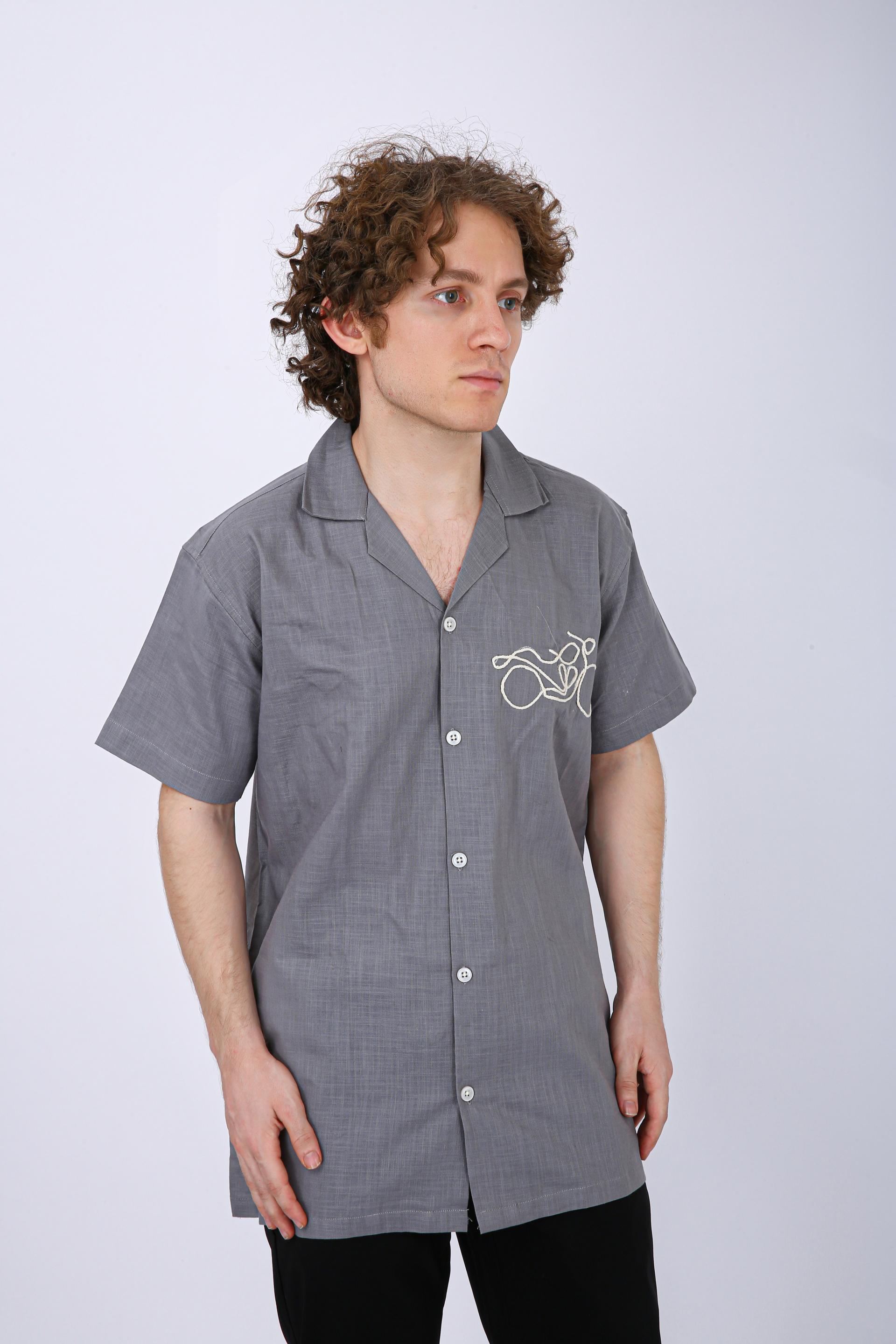 Mooniman Men's Premium Embroidered Formal Shirt -Grey - Half