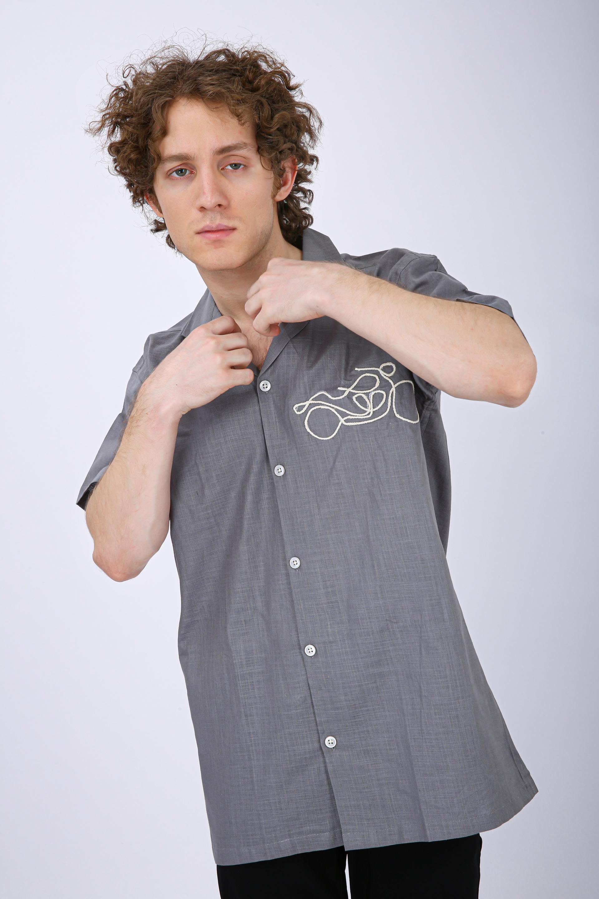Mooniman Men's Premium Embroidered Formal Shirt -Grey - Half