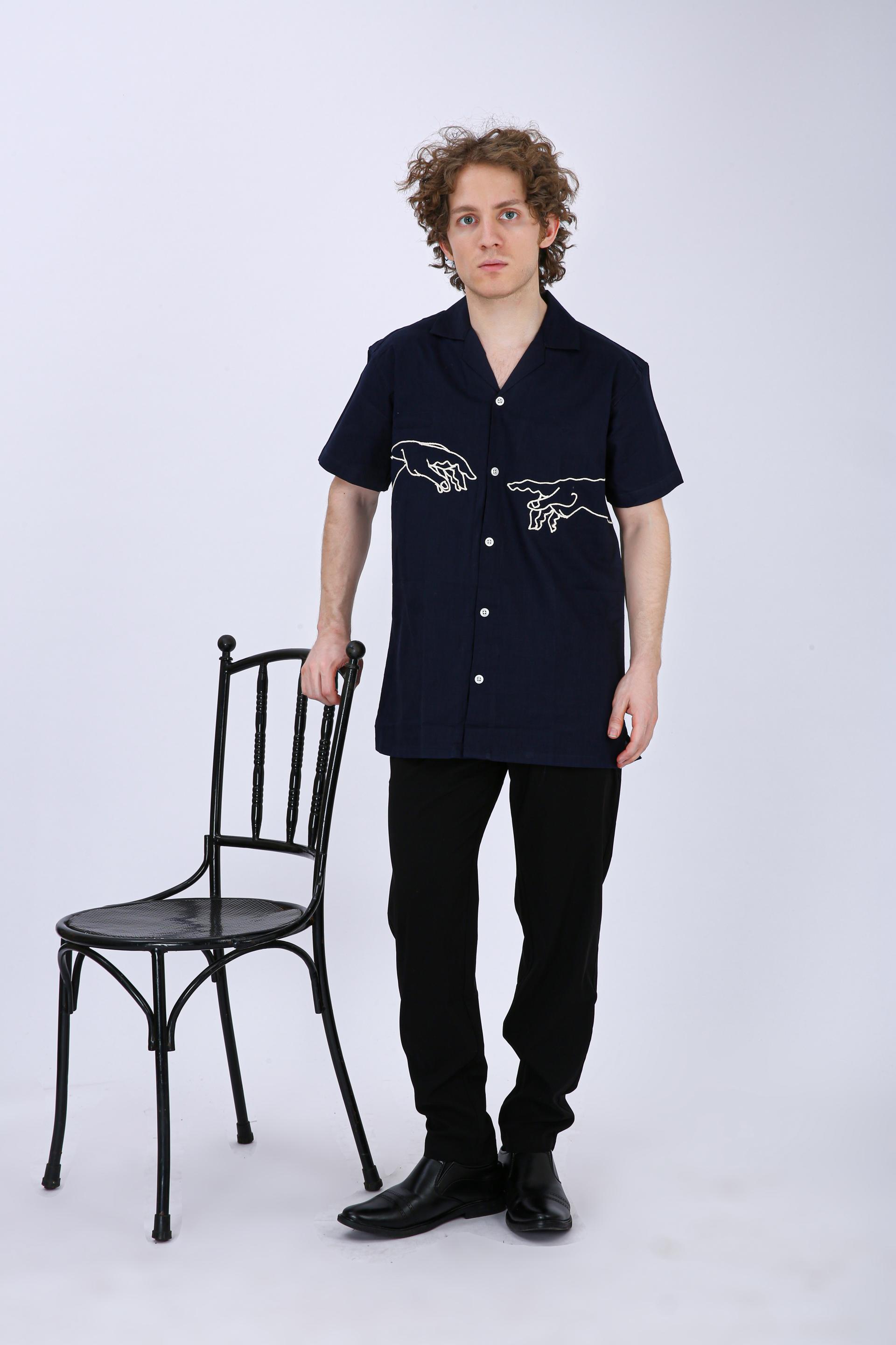 Mooniman Men's Premium Embroidered Formal Shirt - Navy Blue
