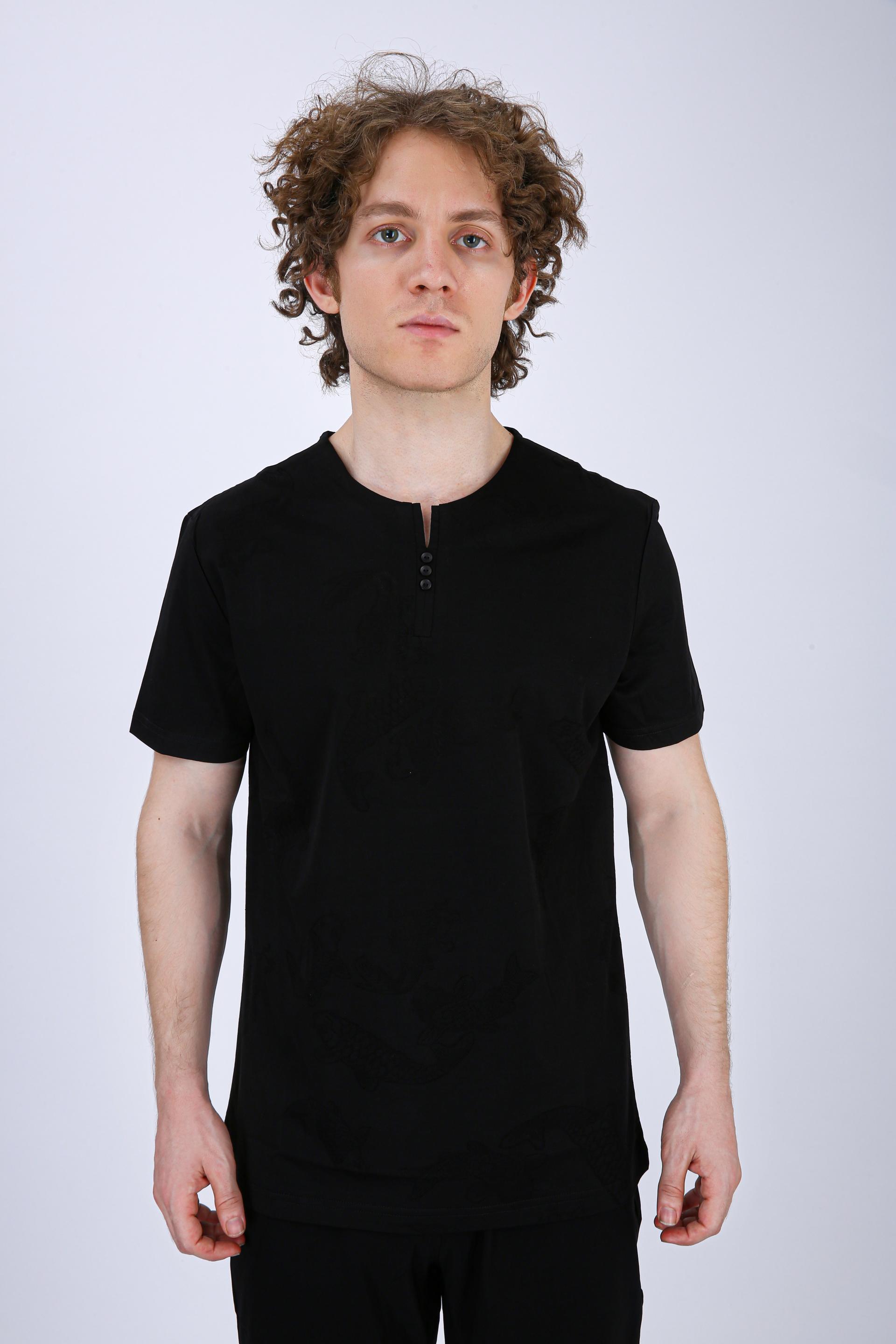 Printed Henley Neck T-Shirt - Black Fish Print