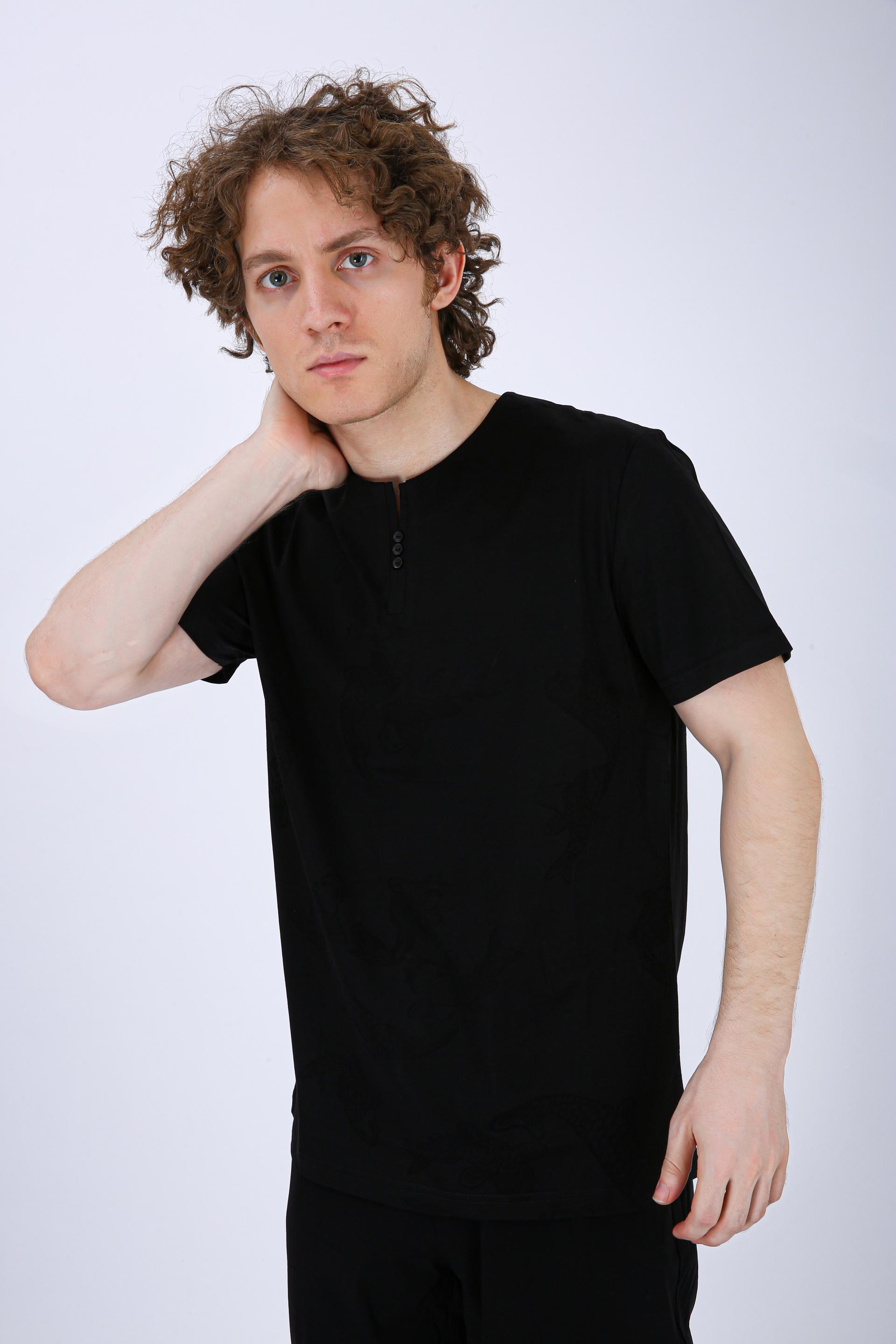 Printed Henley Neck T-Shirt - Black Fish Print