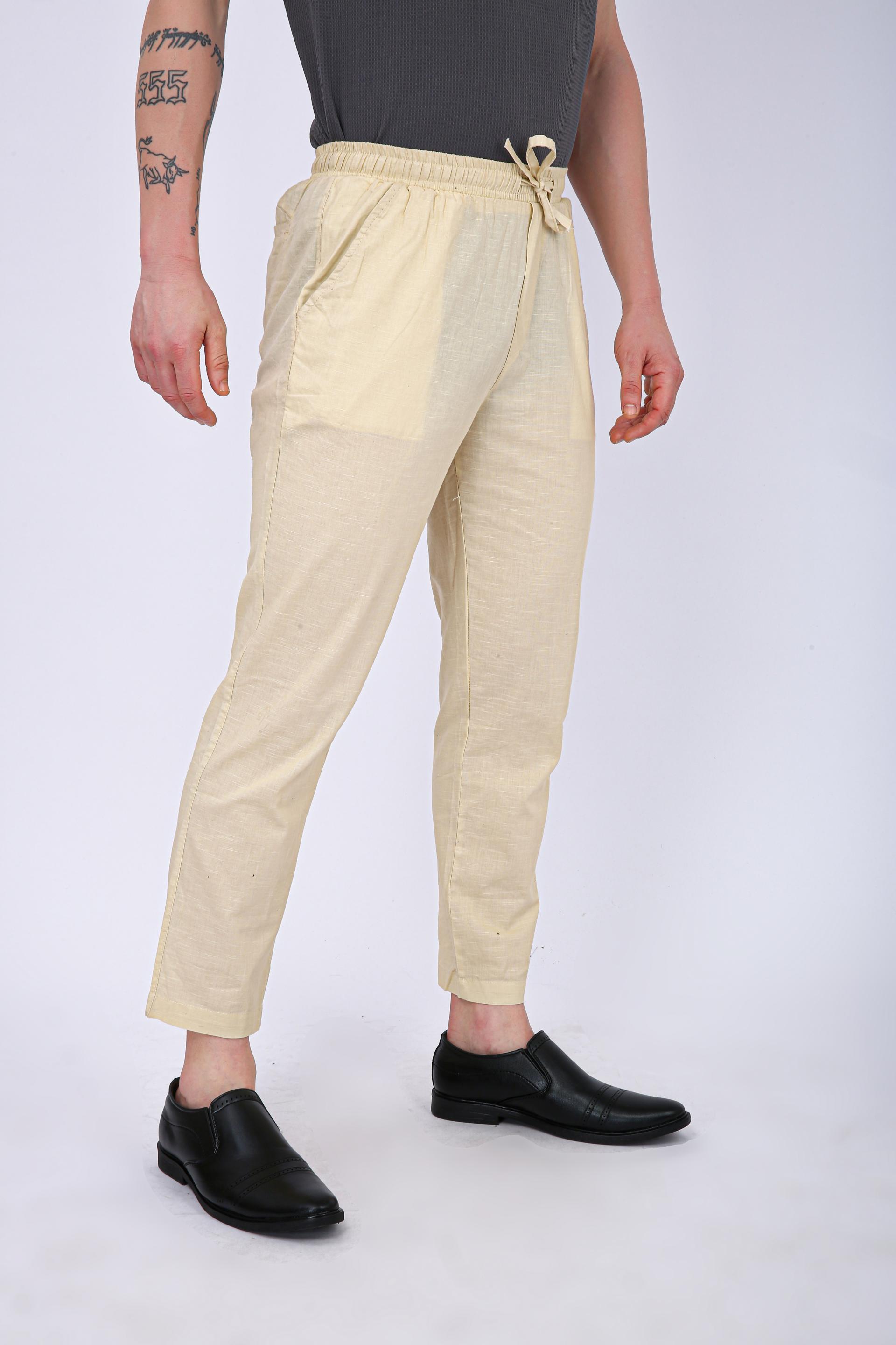 Men's Premium Olive Green Linen Blend Drawstring Trousers -Cream