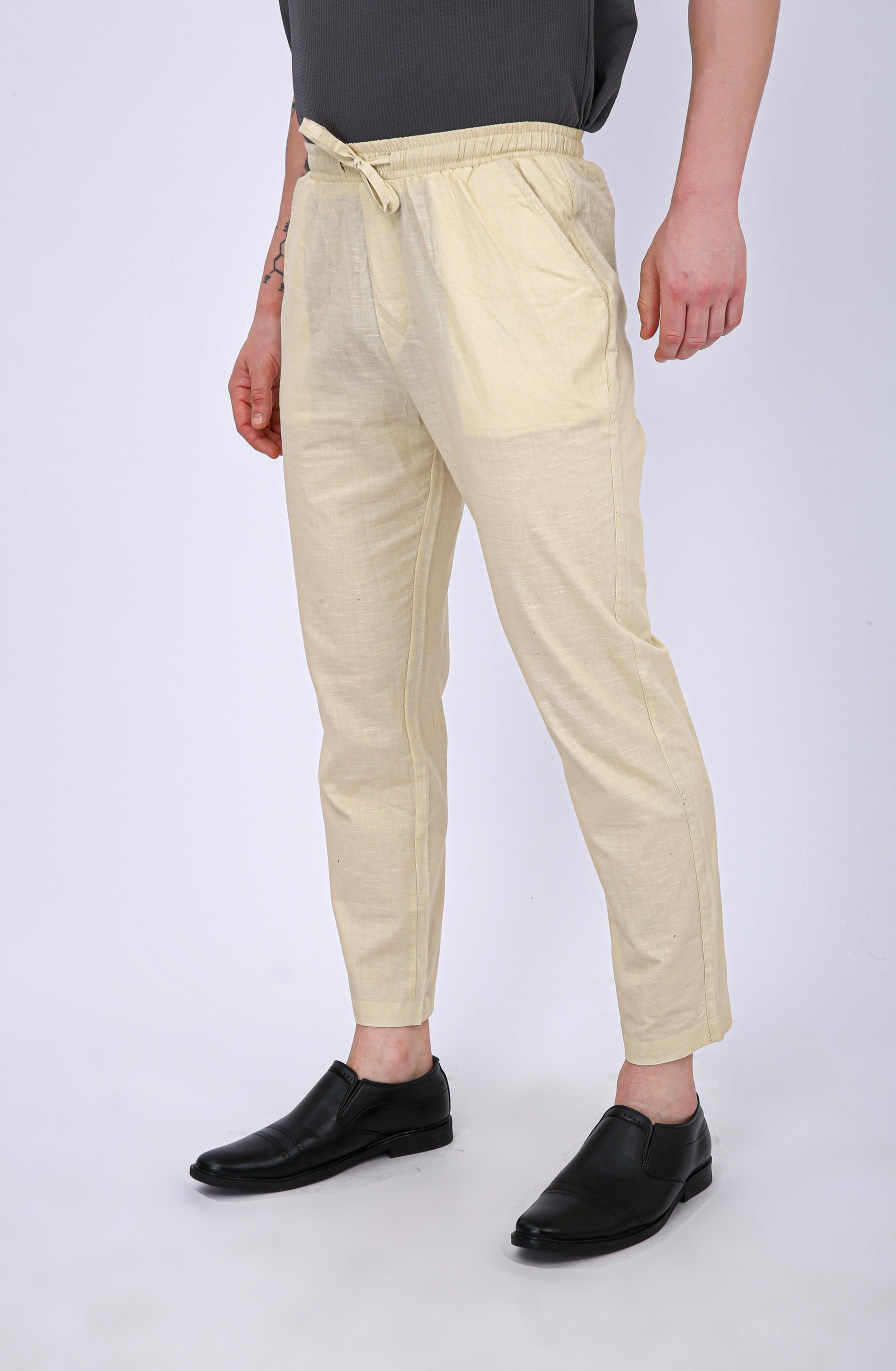 Men's Premium Olive Green Linen Blend Drawstring Trousers -Cream