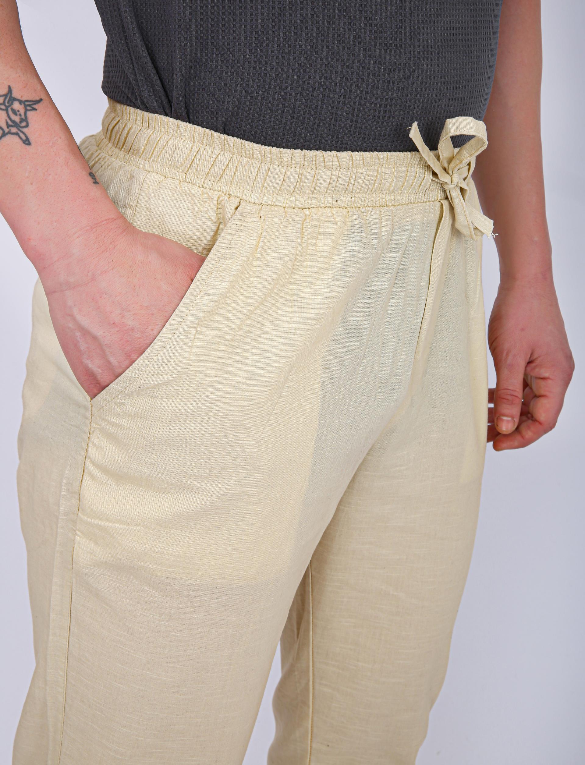 Men's Premium Olive Green Linen Blend Drawstring Trousers -Cream