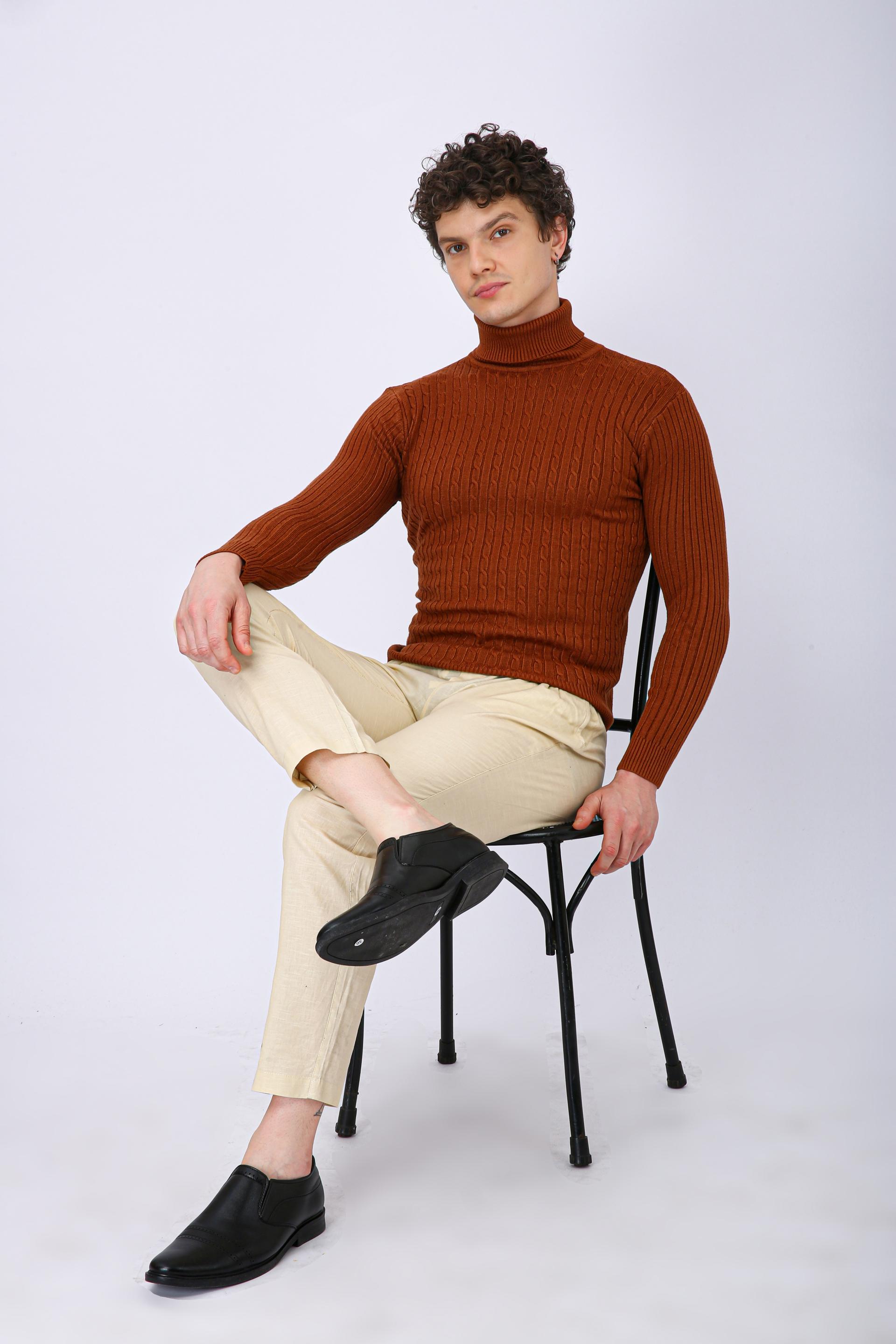 Men's Premium Diamond Knit Turtleneck Sweater - Orange Wave Line