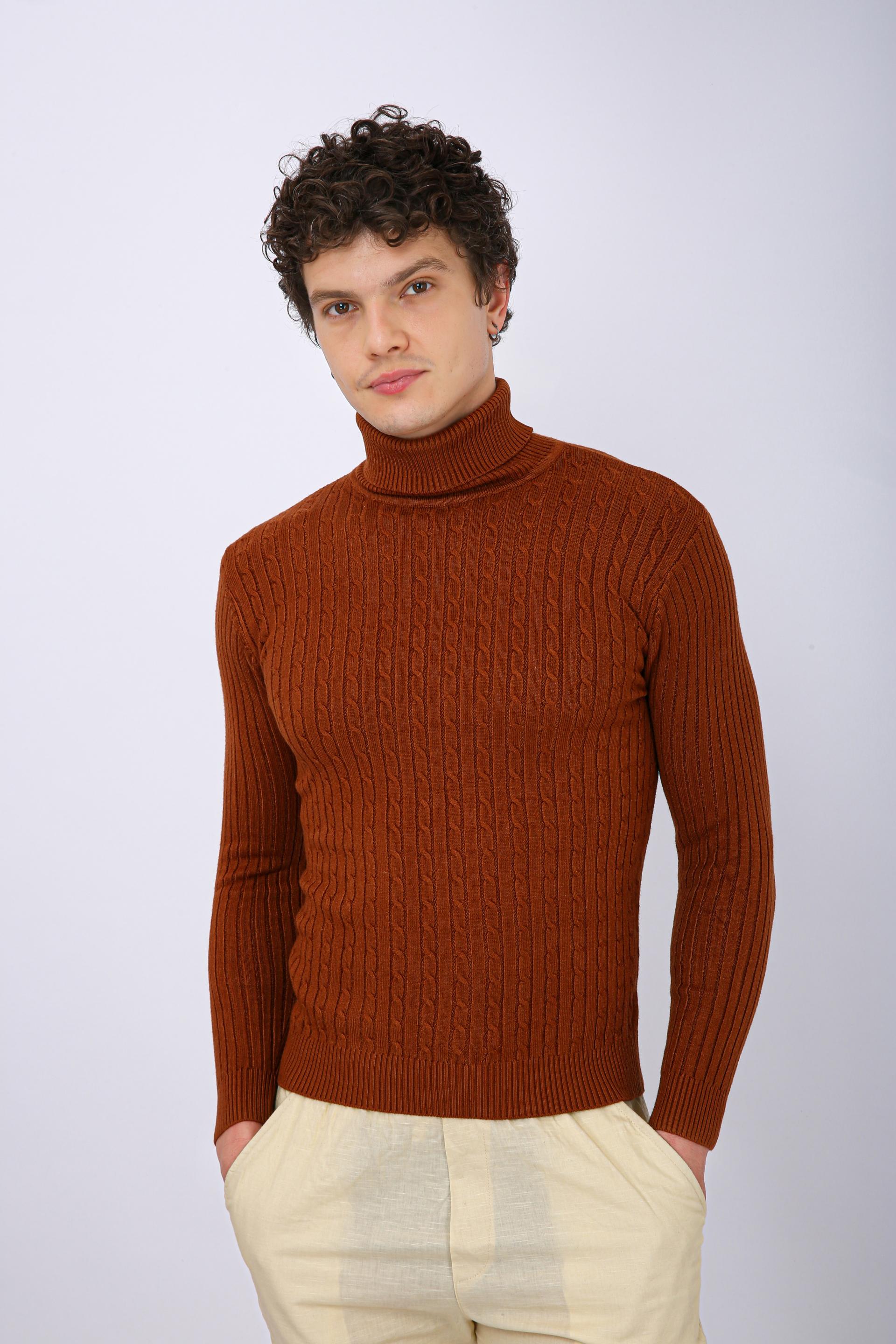 Men's Premium Diamond Knit Turtleneck Sweater - Orange Wave Line