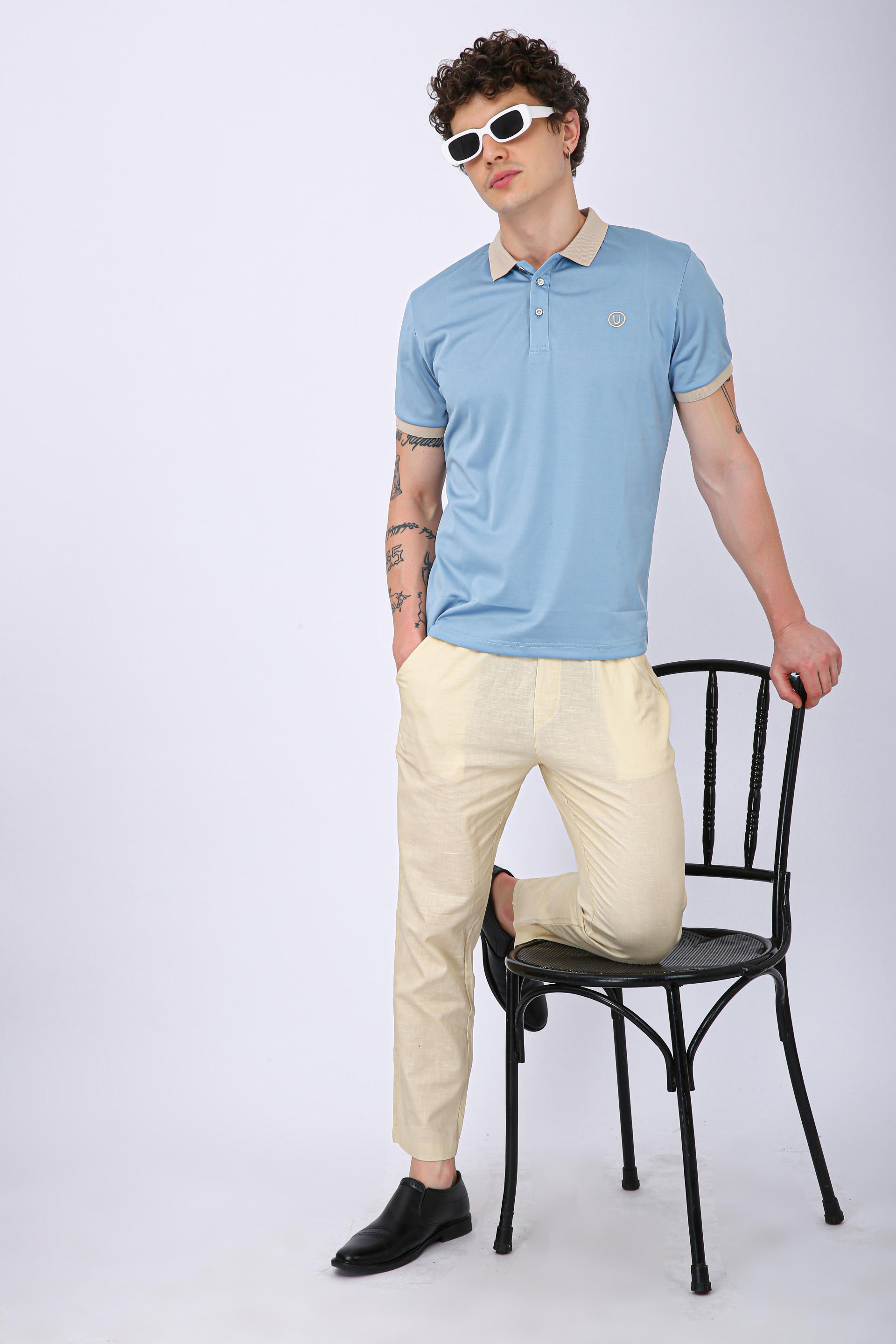Men's Premium Contrast Collar Polo T-Shirt - Sky Blue