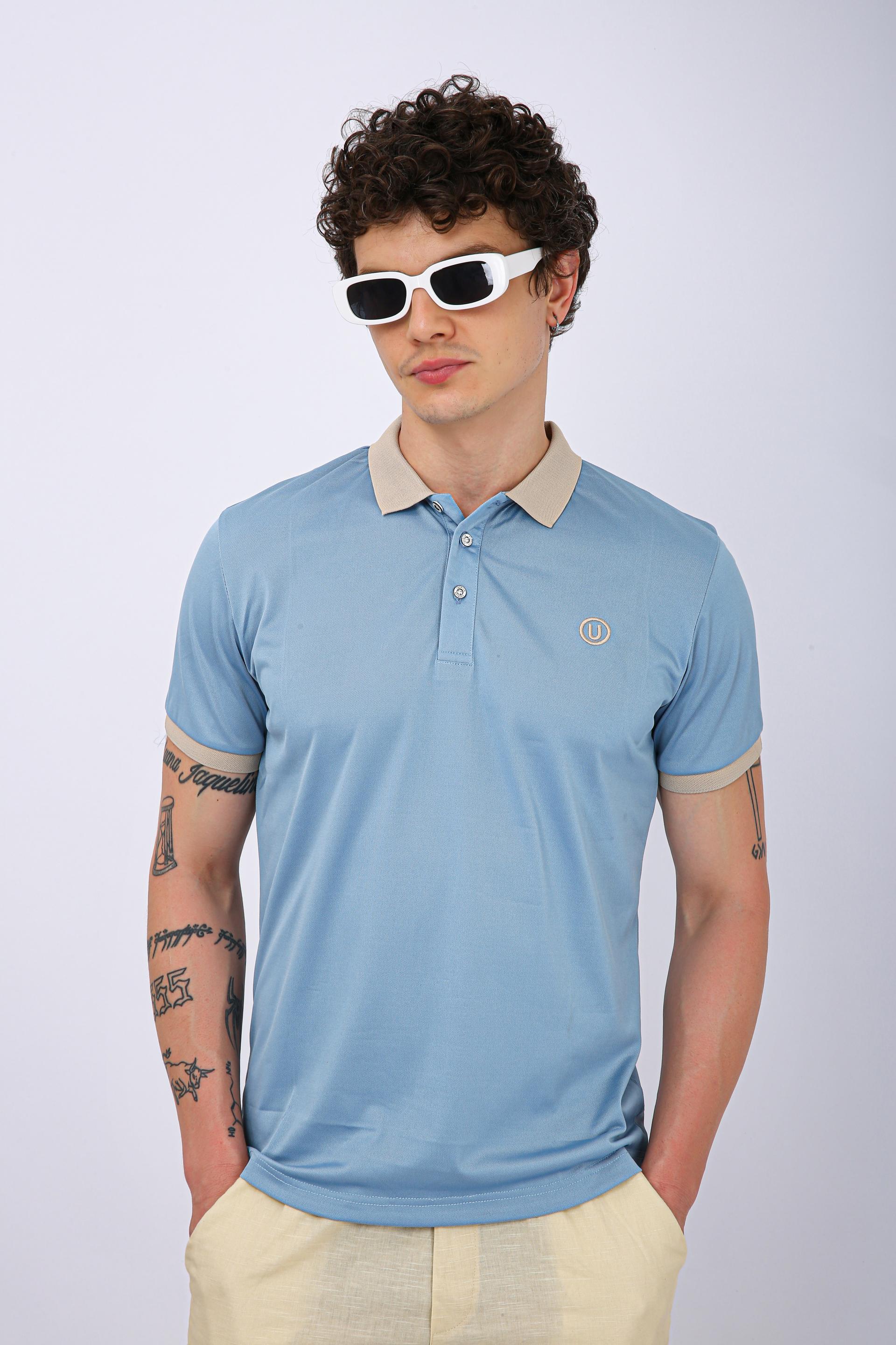 Men's Premium Contrast Collar Polo T-Shirt - Sky Blue