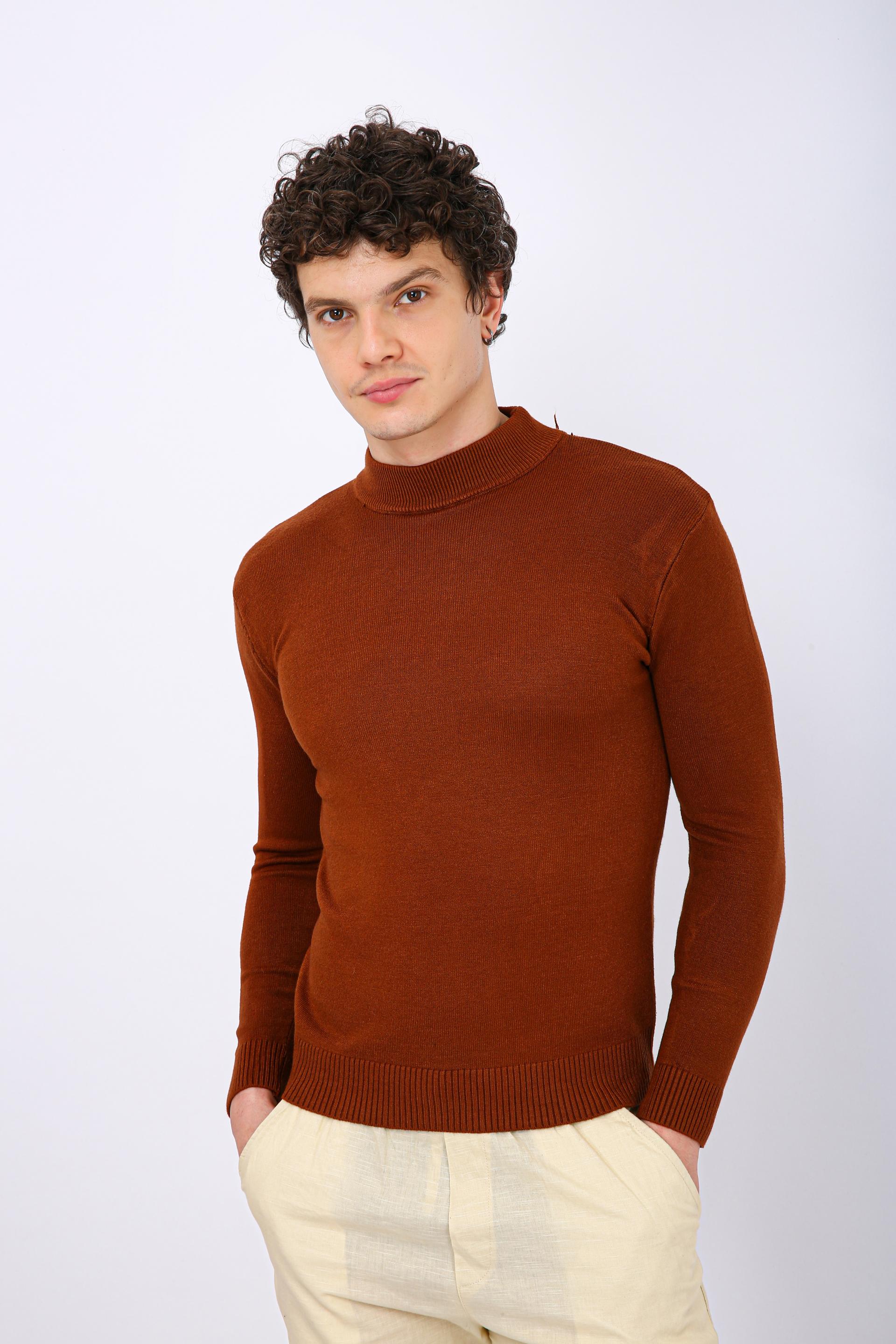 Men's Premium Diamond Knit Turtleneck Sweater - Orange Plain