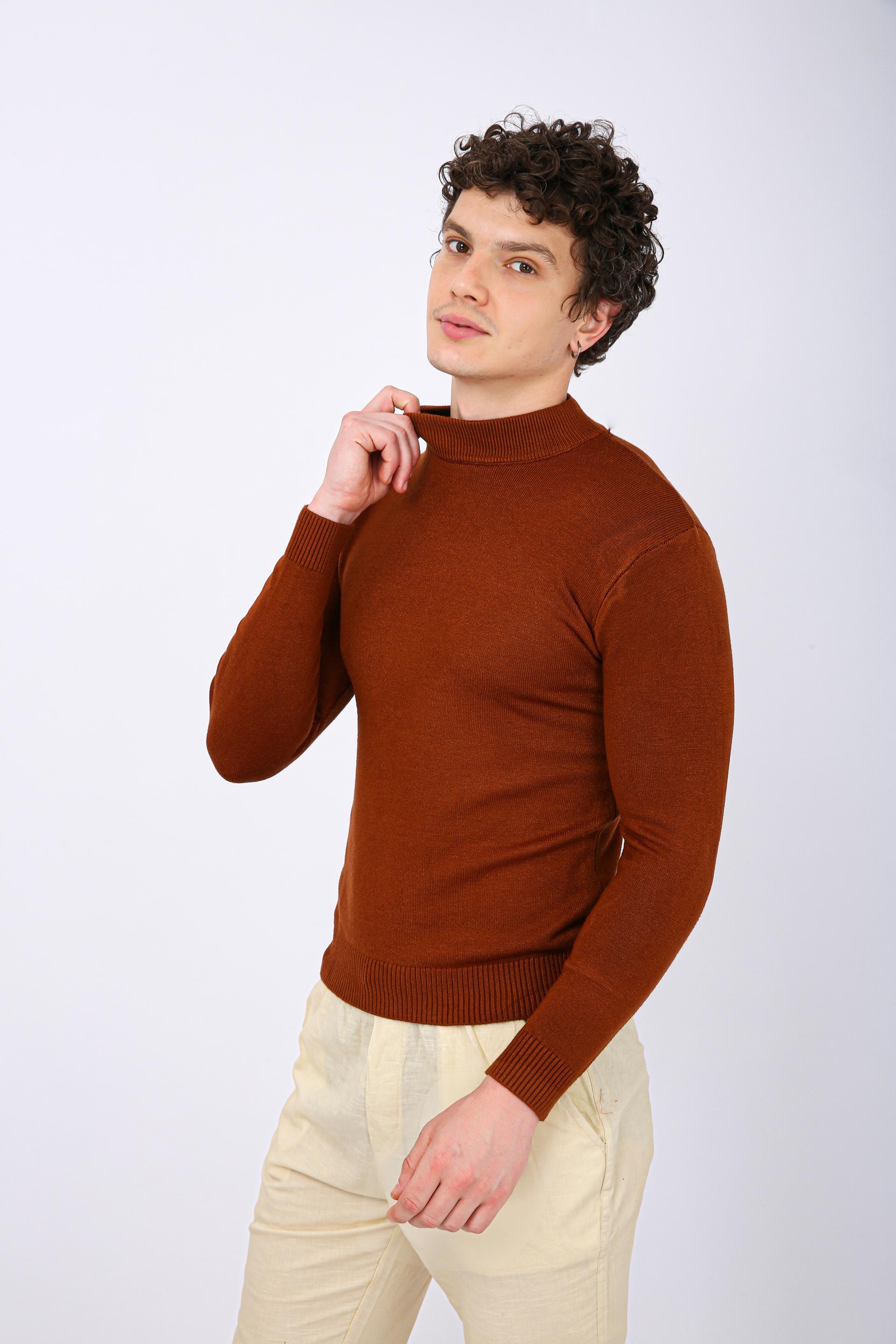 Men's Premium Diamond Knit Turtleneck Sweater - Orange Plain