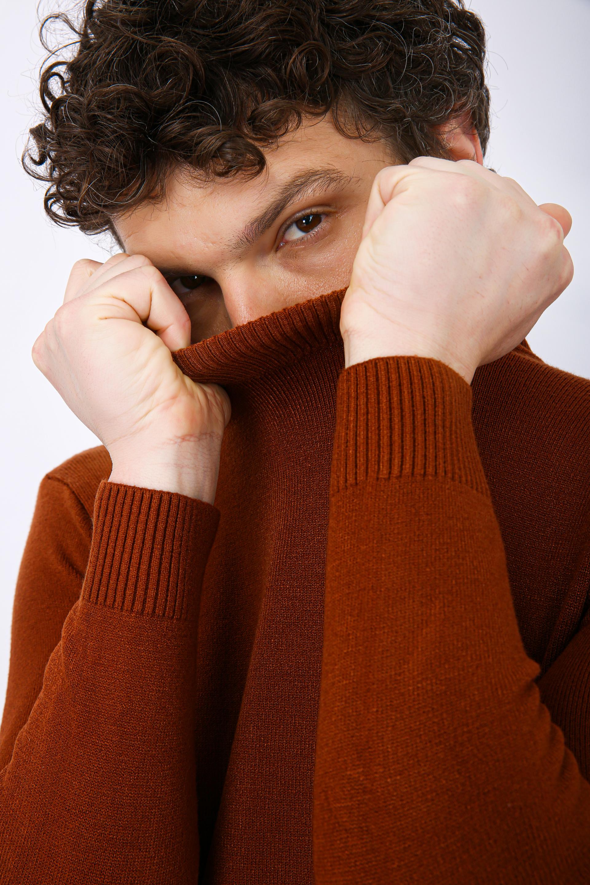 Men's Premium Diamond Knit Turtleneck Sweater - Orange Plain