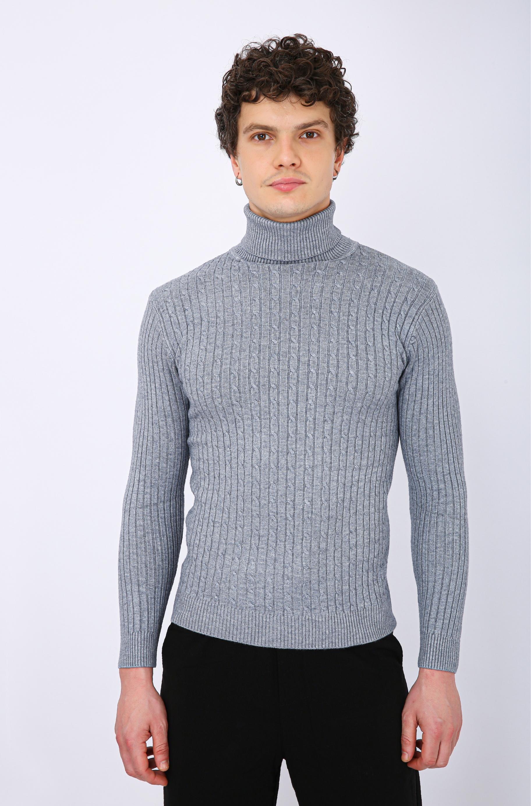 Men's Premium Diamond Knit Turtleneck Sweater - Grey Wave Line