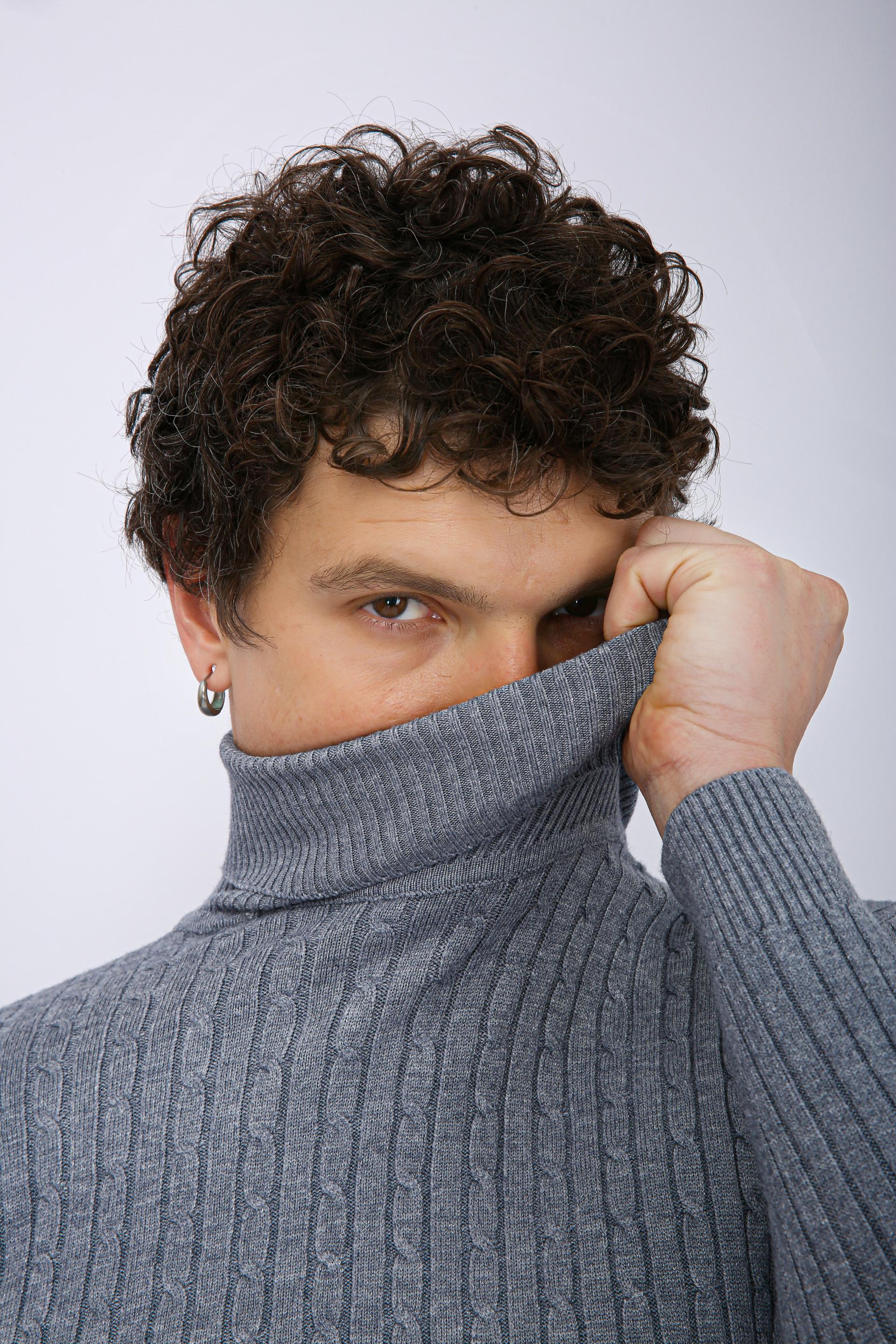 Men's Premium Diamond Knit Turtleneck Sweater - Grey Wave Line