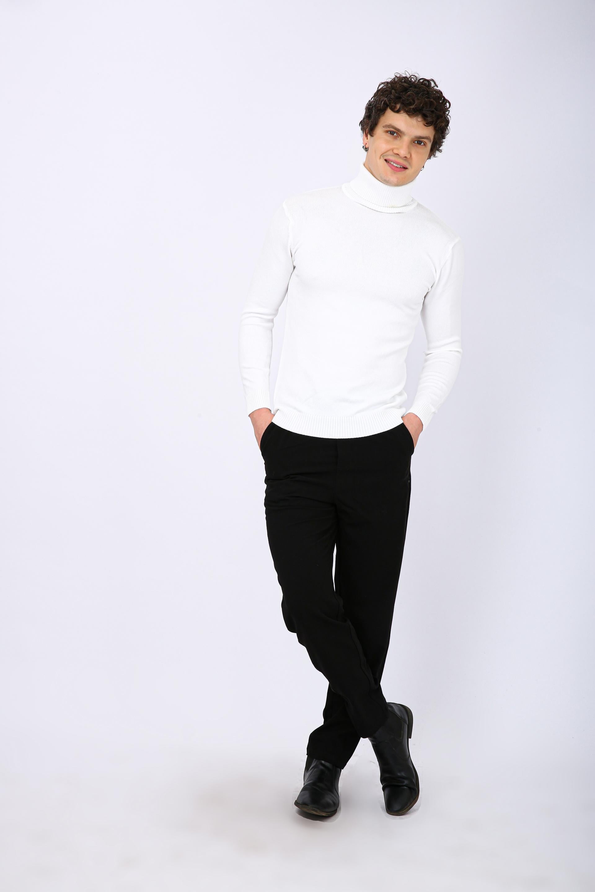 Men's Premium Diamond Knit Turtleneck Sweater - White Long