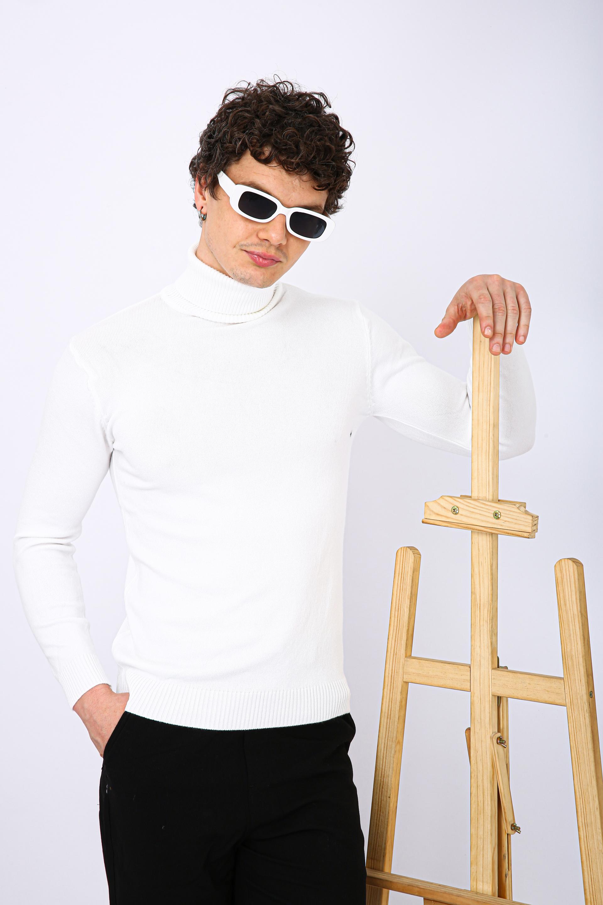 Men's Premium Diamond Knit Turtleneck Sweater - White Long