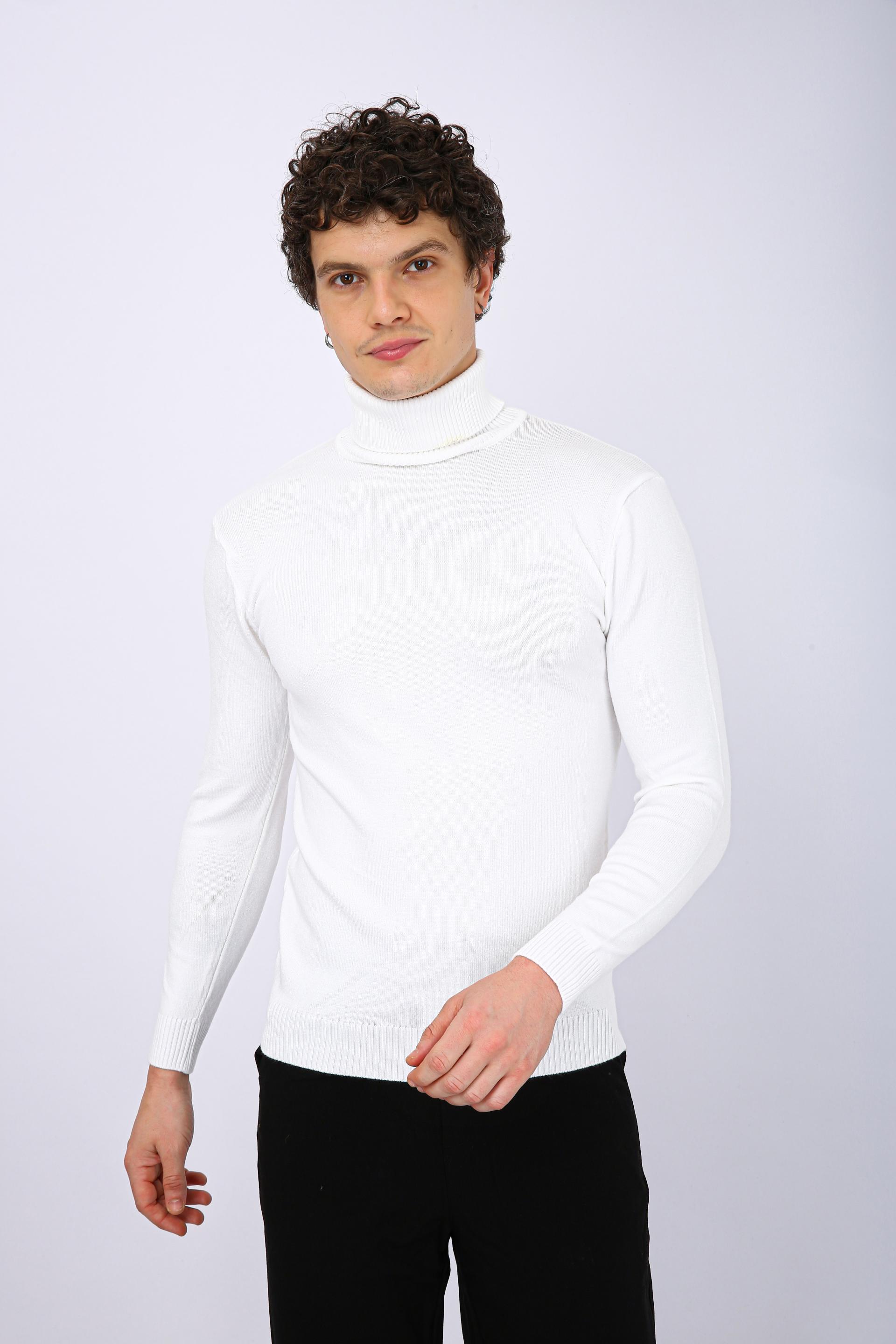 Men's Premium Diamond Knit Turtleneck Sweater - White Long