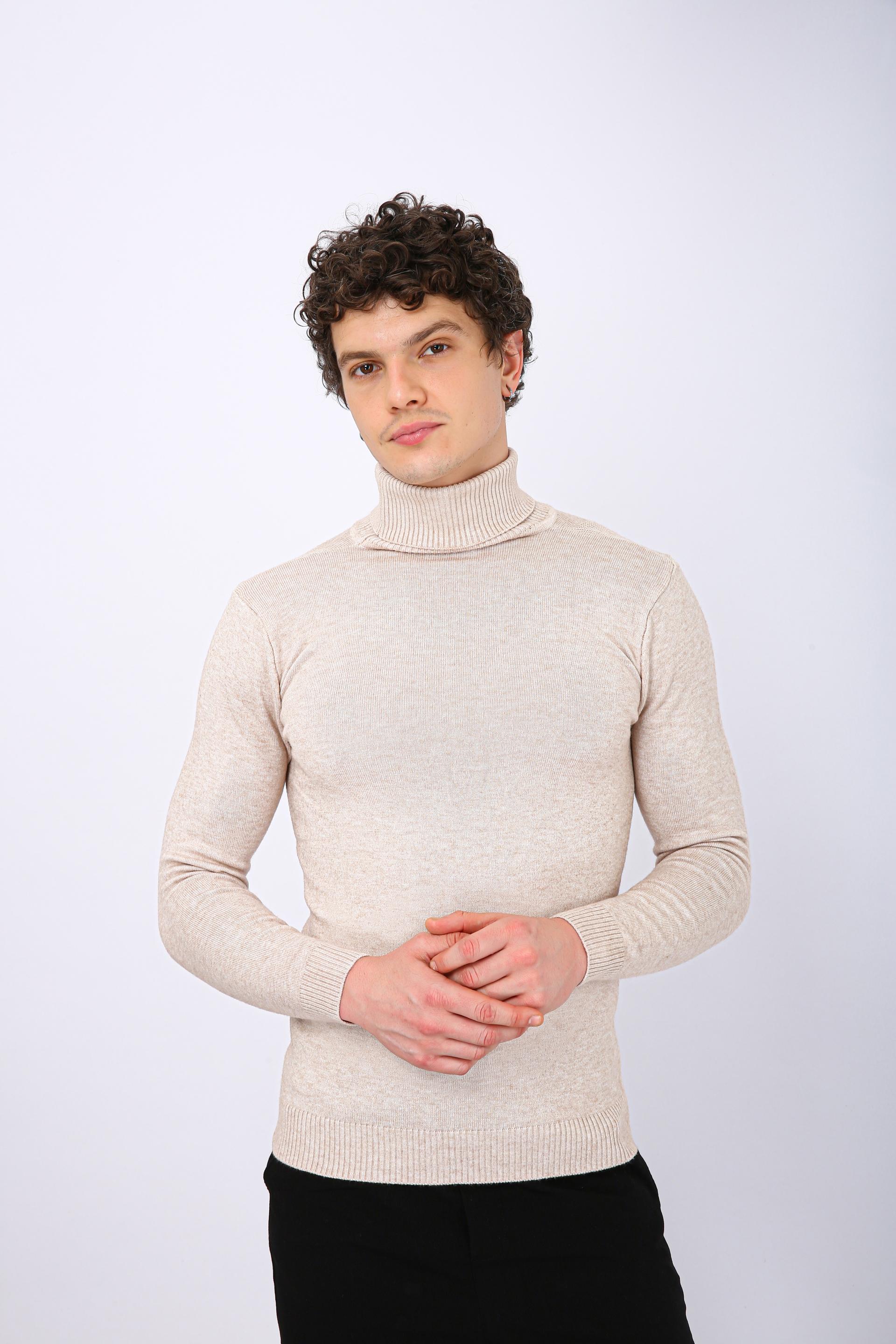 Men's Premium Diamond Knit Turtleneck Sweater - Cream Long