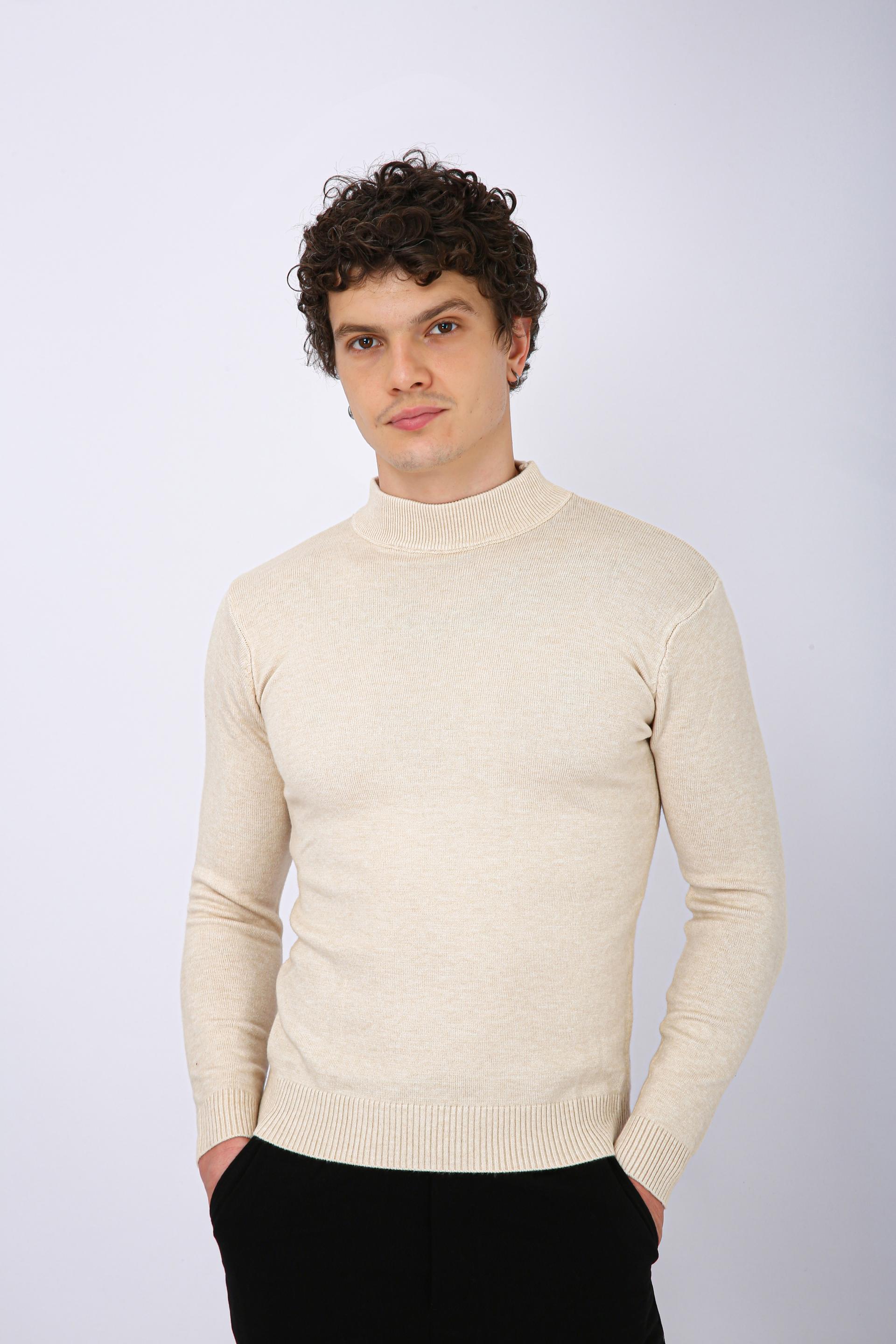 Men's Premium Diamond Knit Turtleneck Sweater - Cream Plain Short Neck