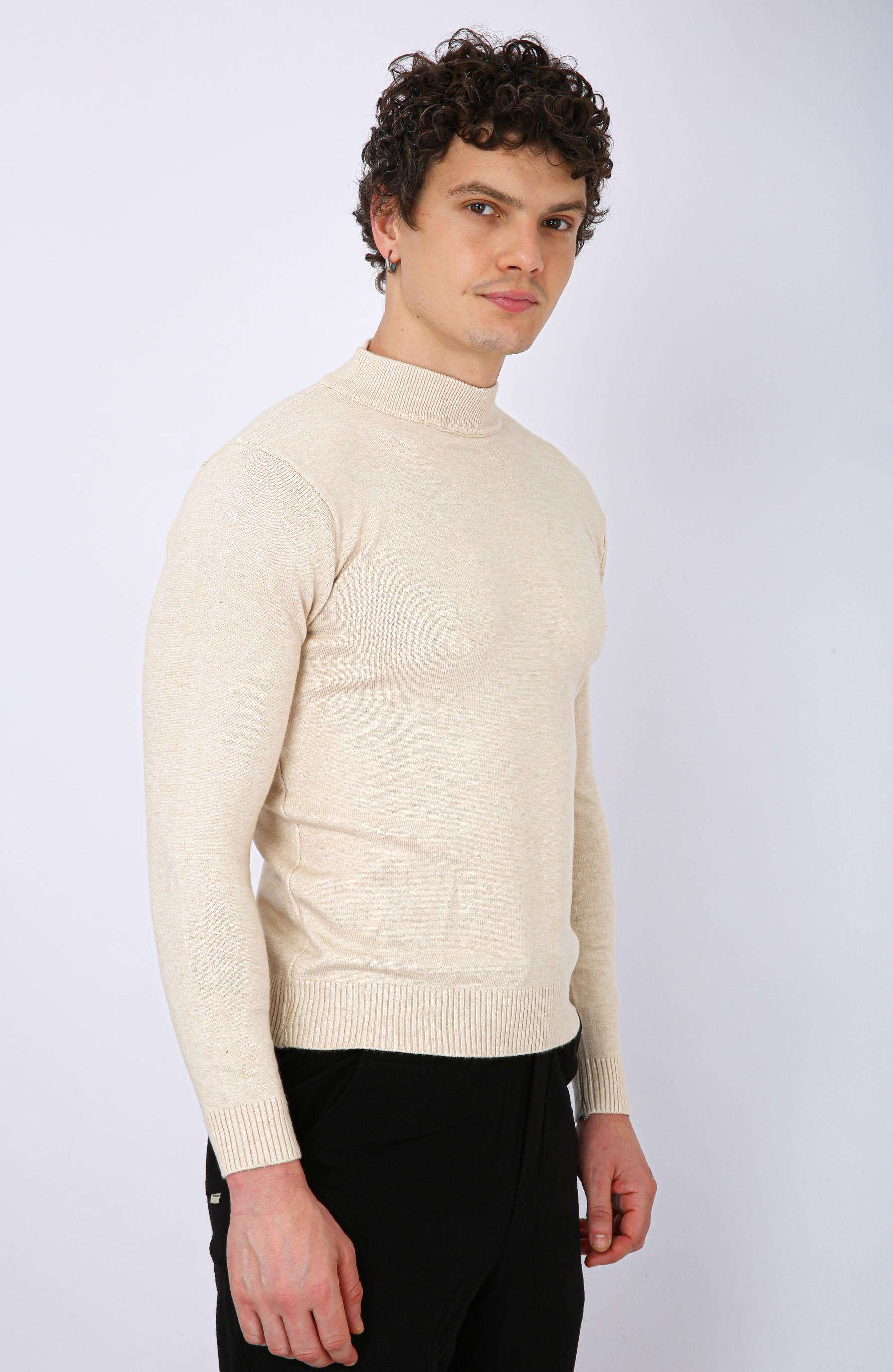 Men's Premium Diamond Knit Turtleneck Sweater - Cream Plain Short Neck