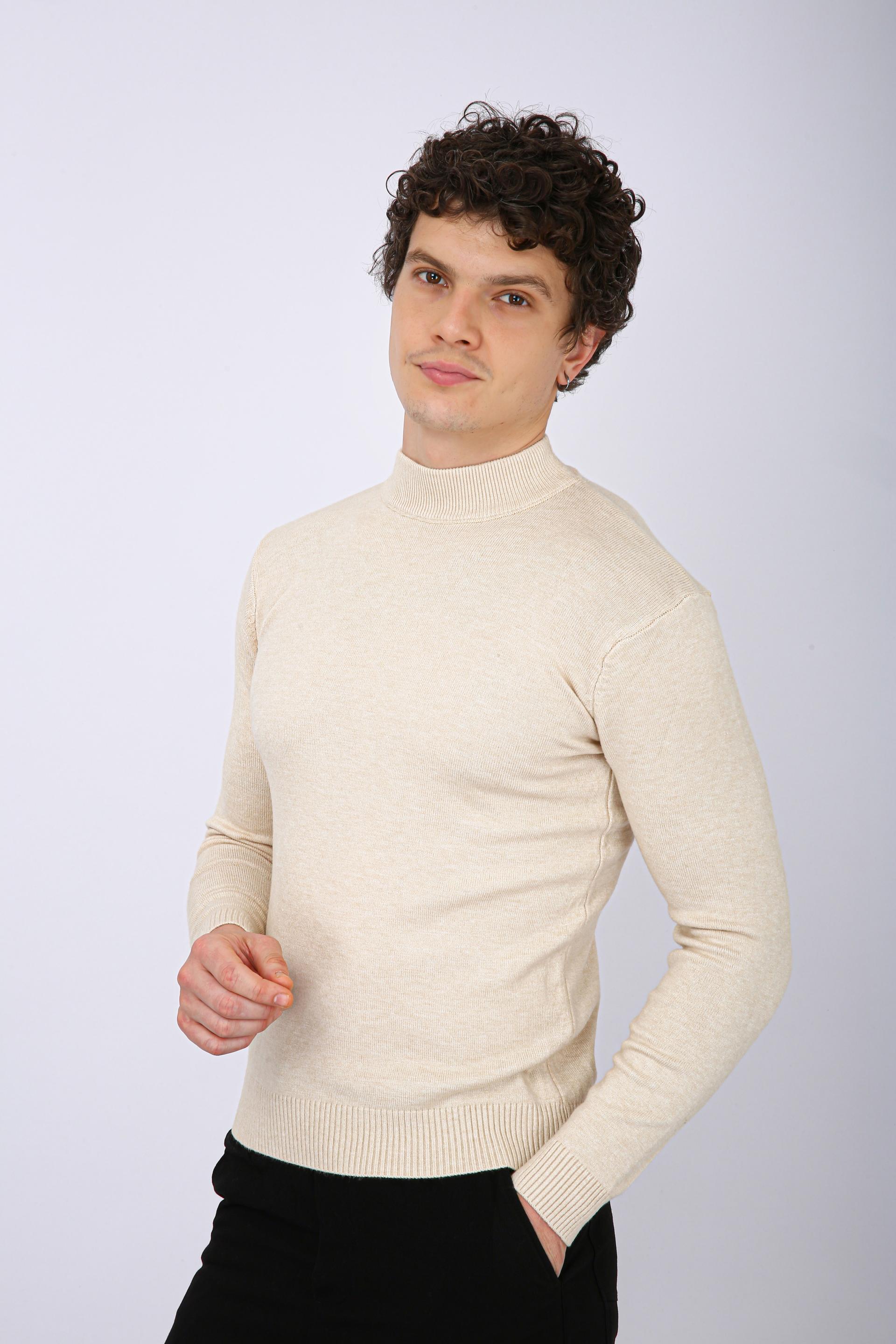 Men's Premium Diamond Knit Turtleneck Sweater - Cream Plain Short Neck