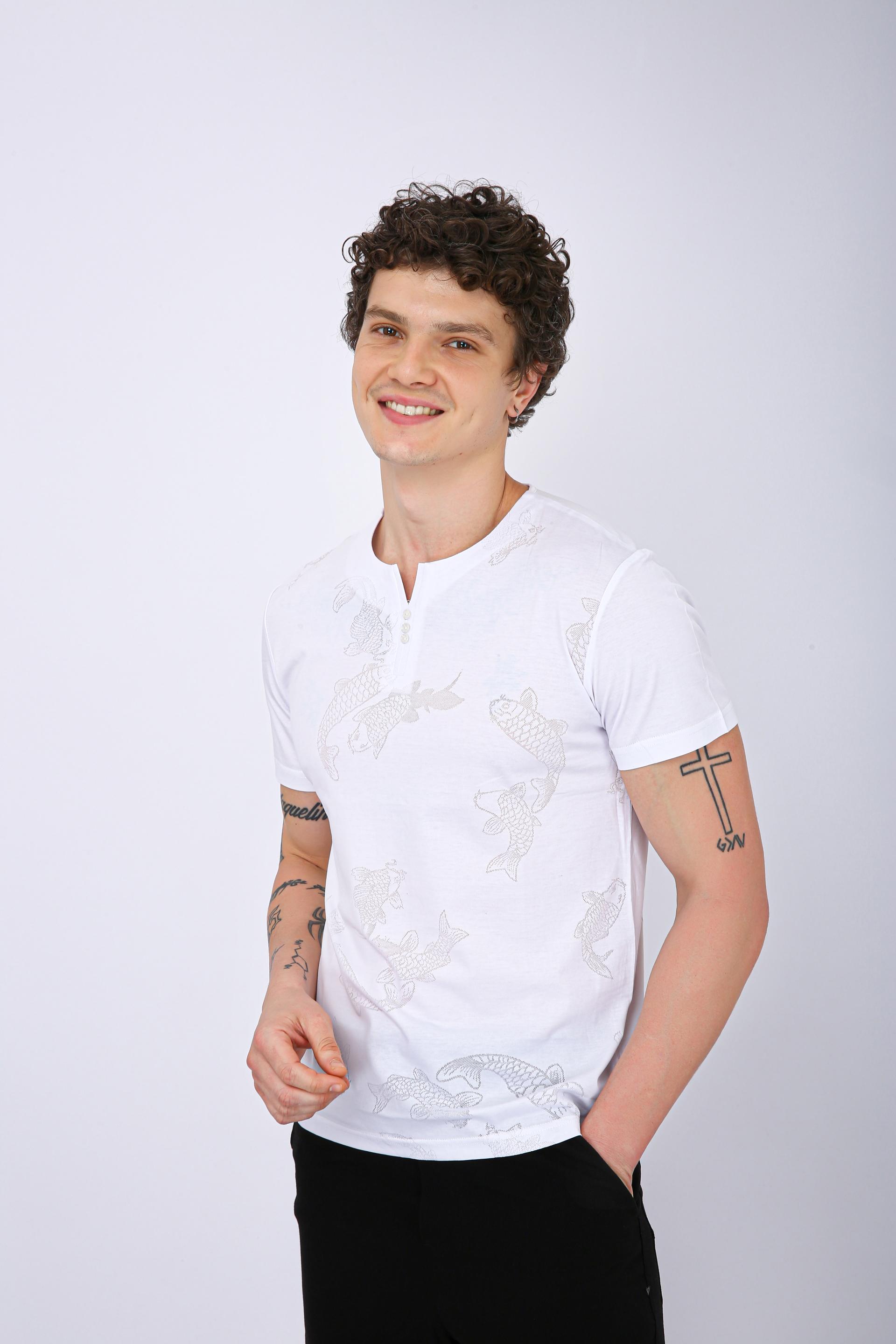 Printed Henley Neck T-Shirt - White Fish Print