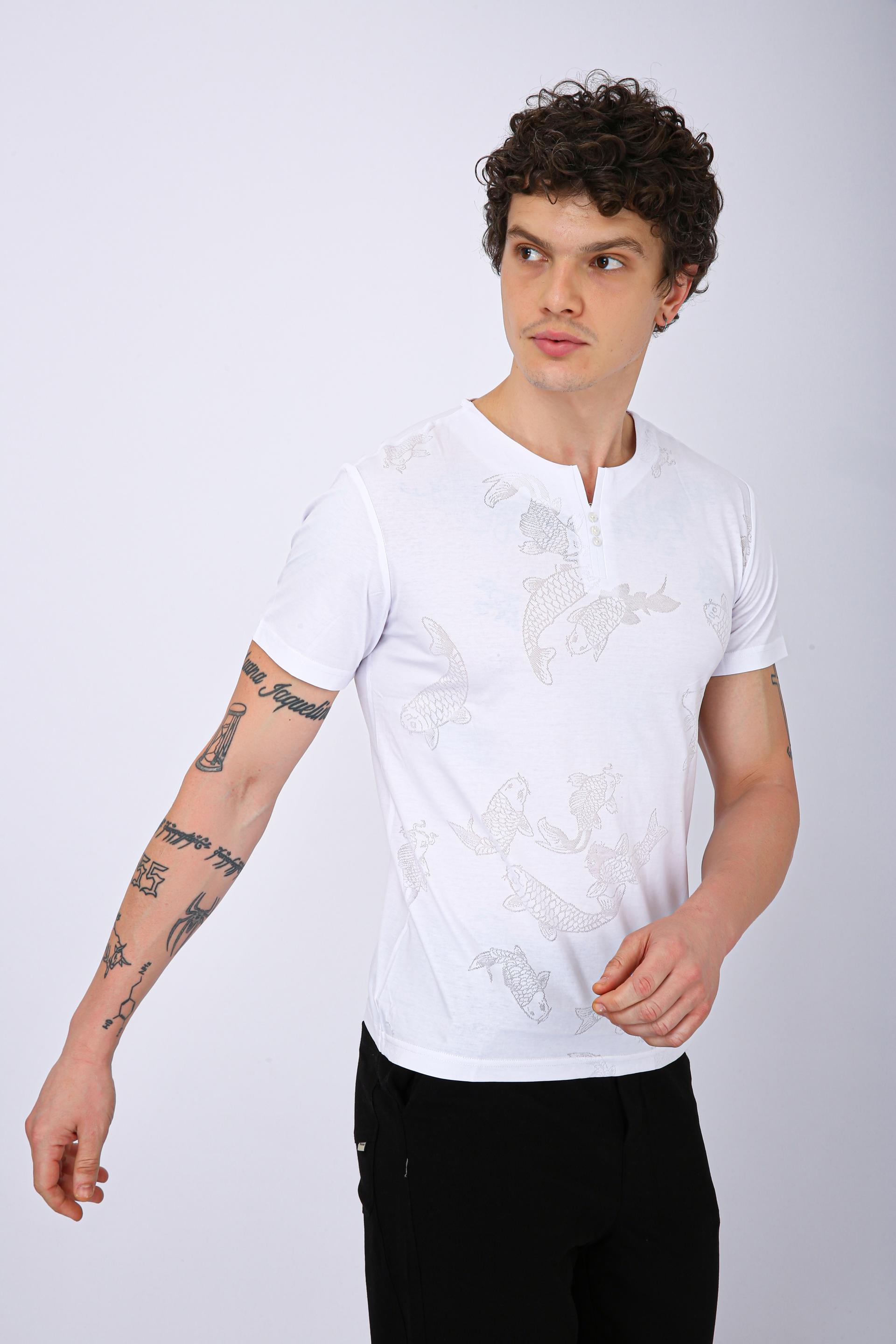 Printed Henley Neck T-Shirt - White Fish Print