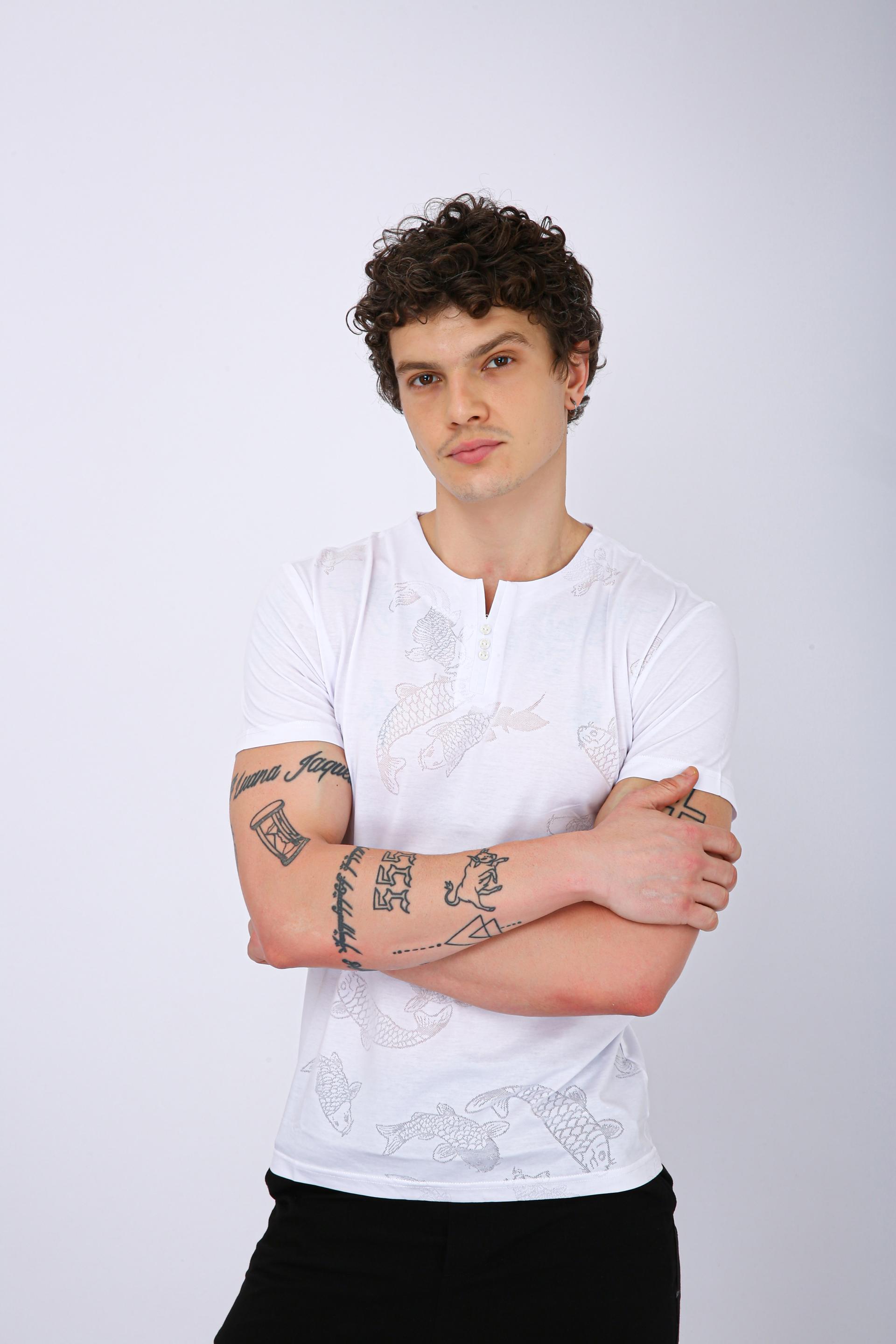 Printed Henley Neck T-Shirt - White Fish Print