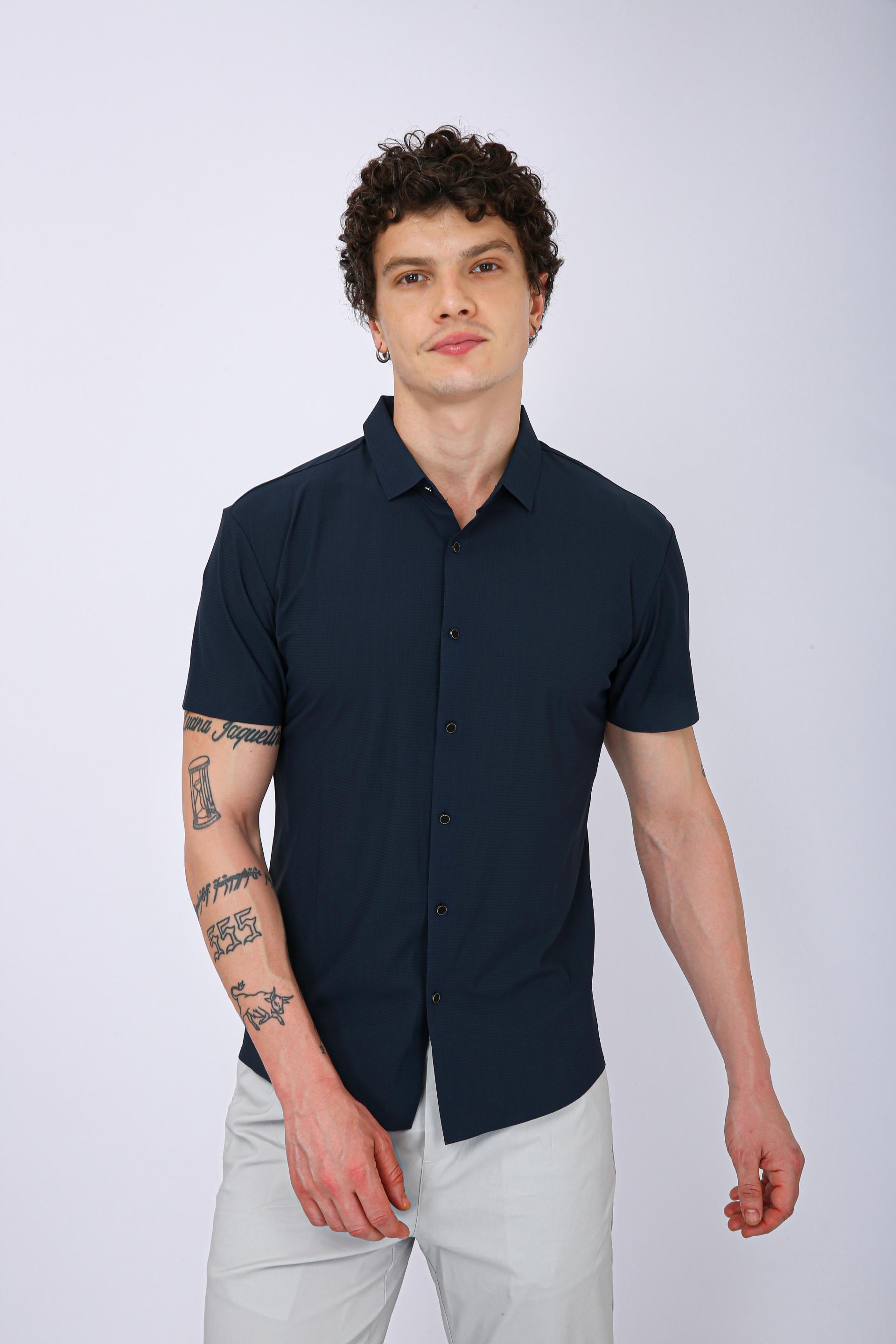 Men's Premium Solid Textured Casual Half Sleeve Shirt - Steel Blue