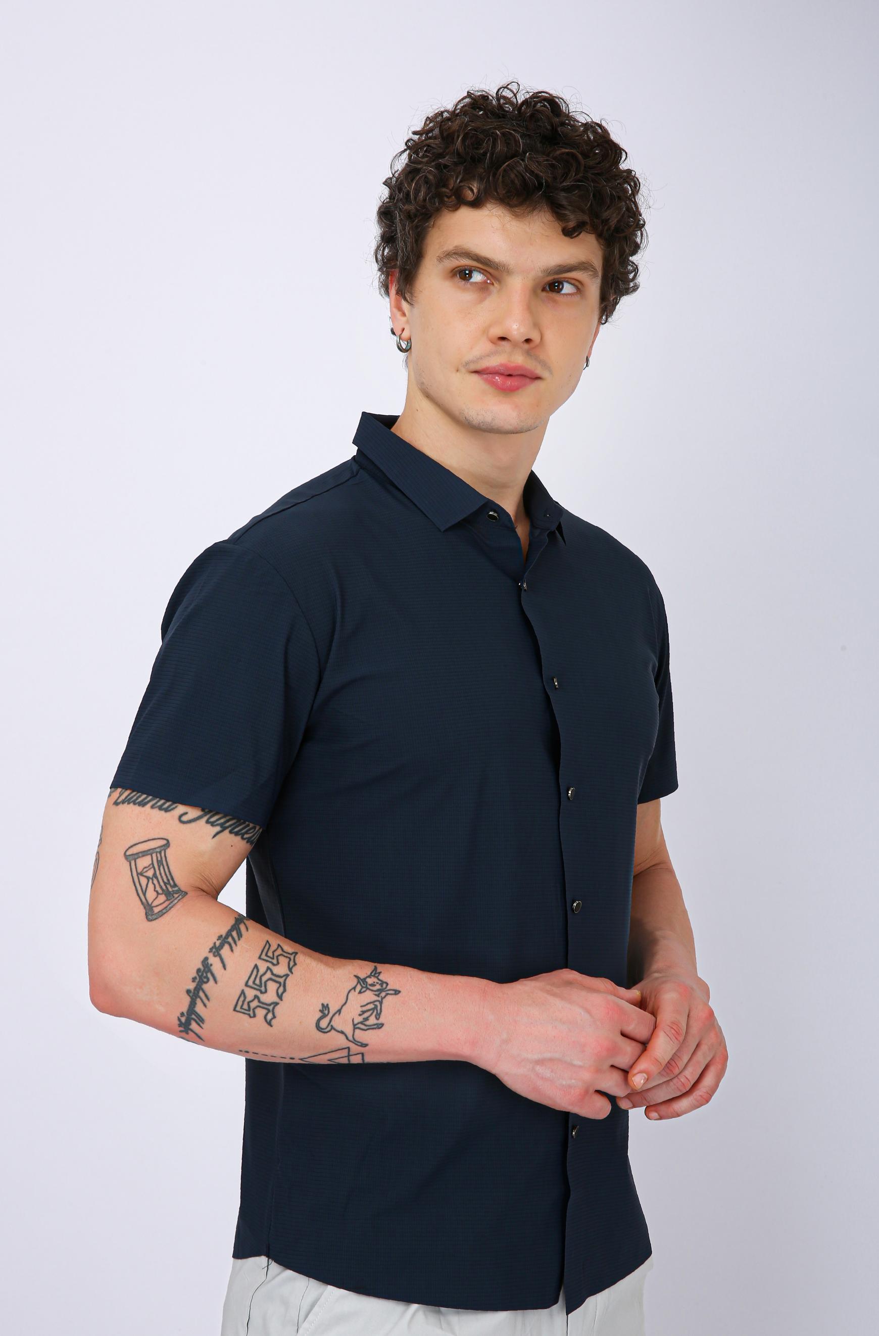Men's Premium Solid Textured Casual Half Sleeve Shirt - Steel Blue