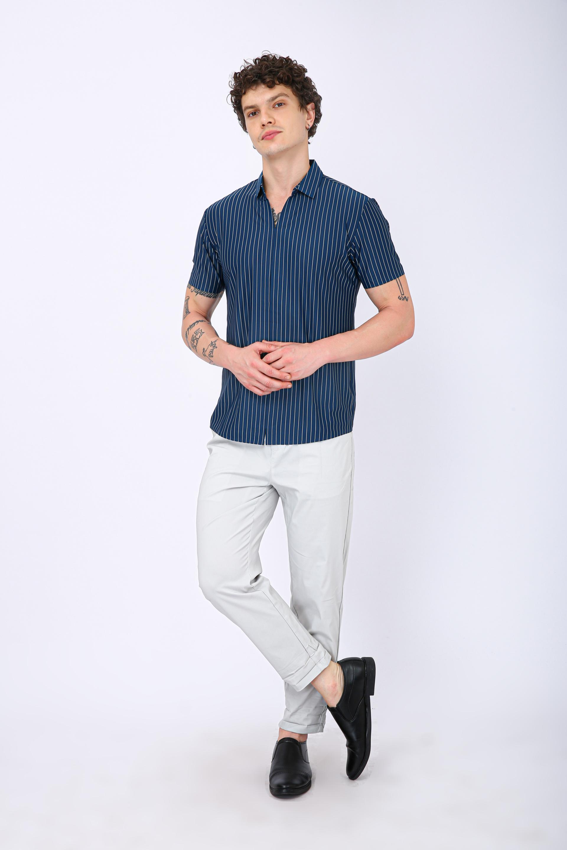 Men's Premium Vertical Striped Resort Shirt - Navy