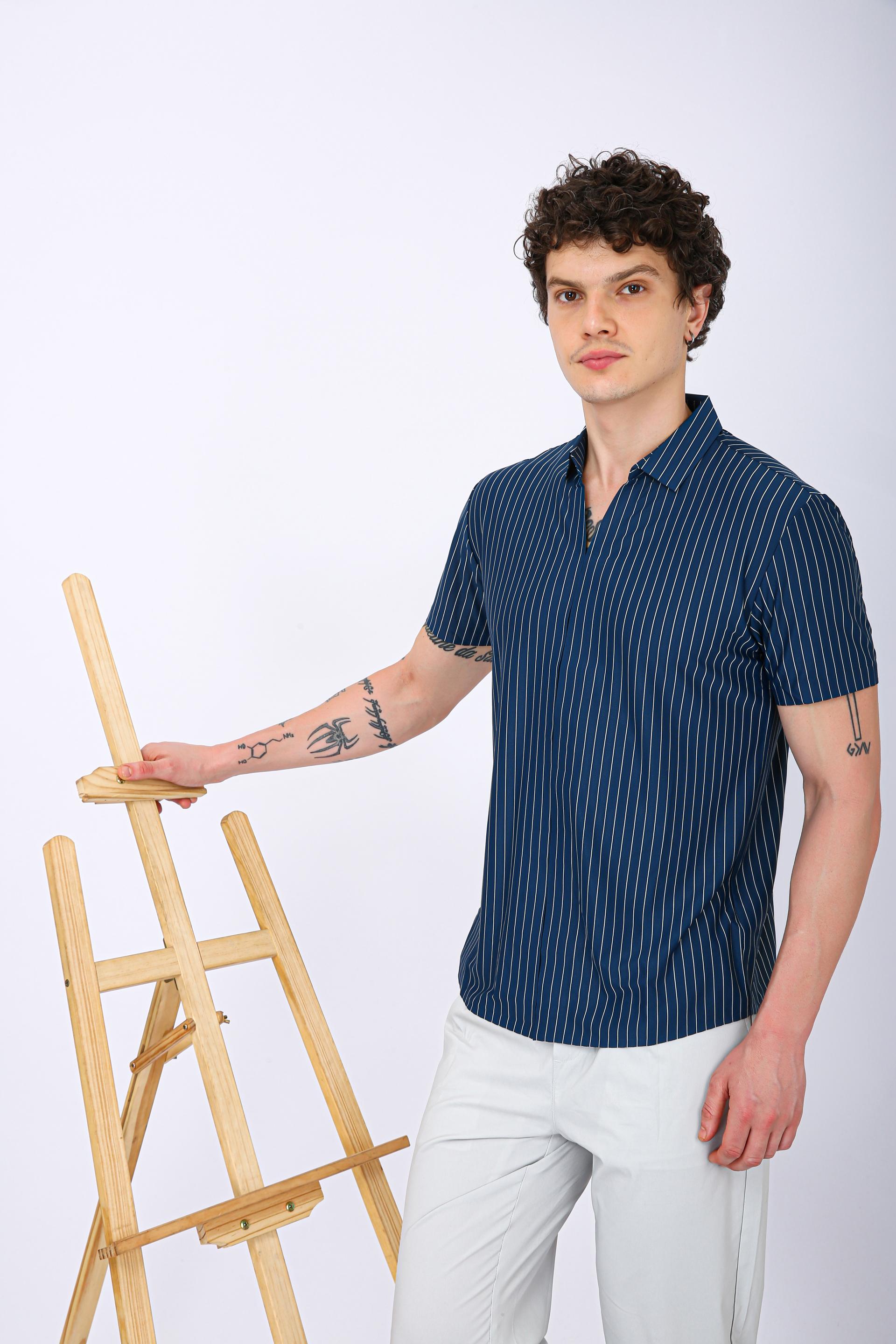 Men's Premium Vertical Striped Resort Shirt - Navy