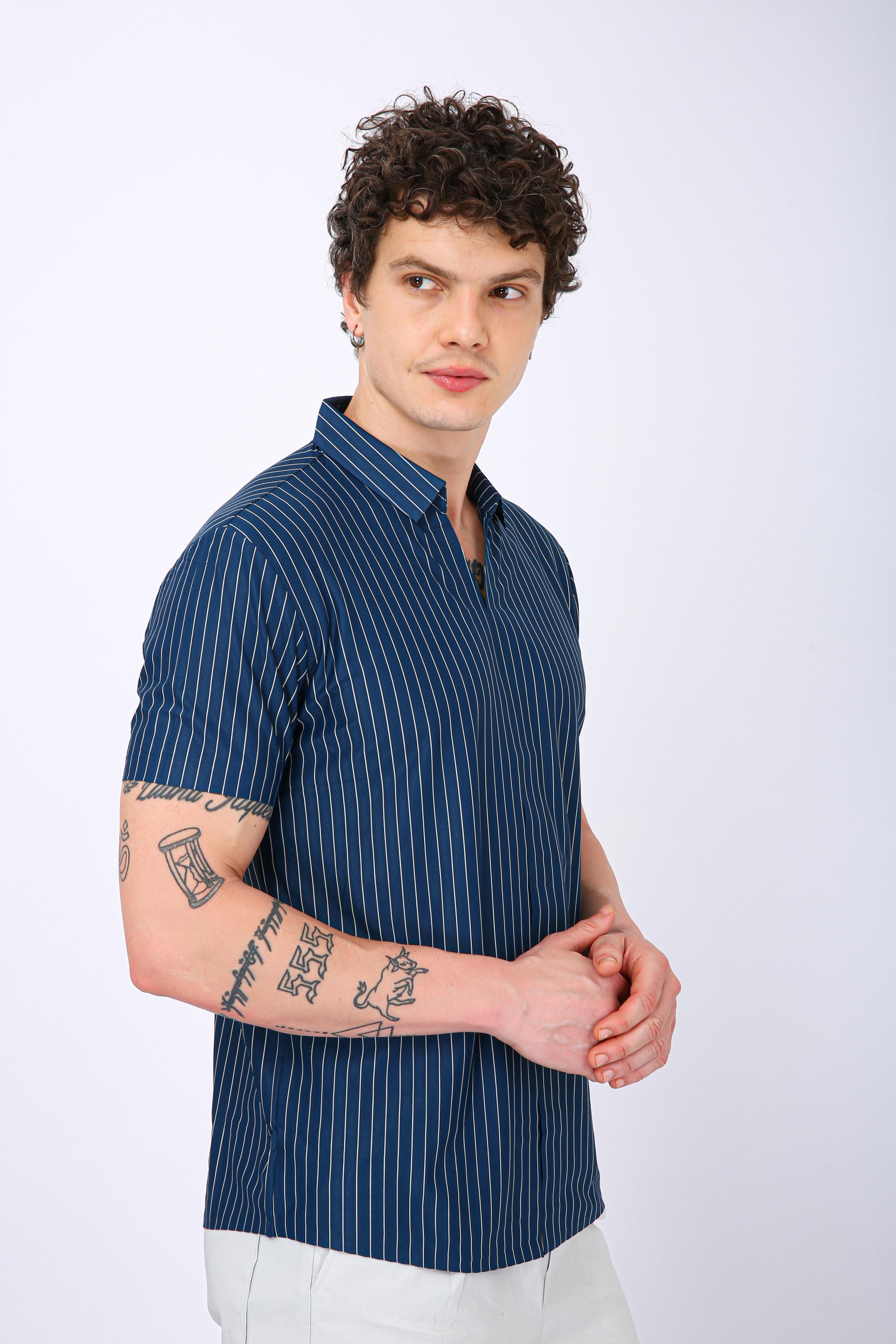Men's Premium Vertical Striped Resort Shirt - Navy