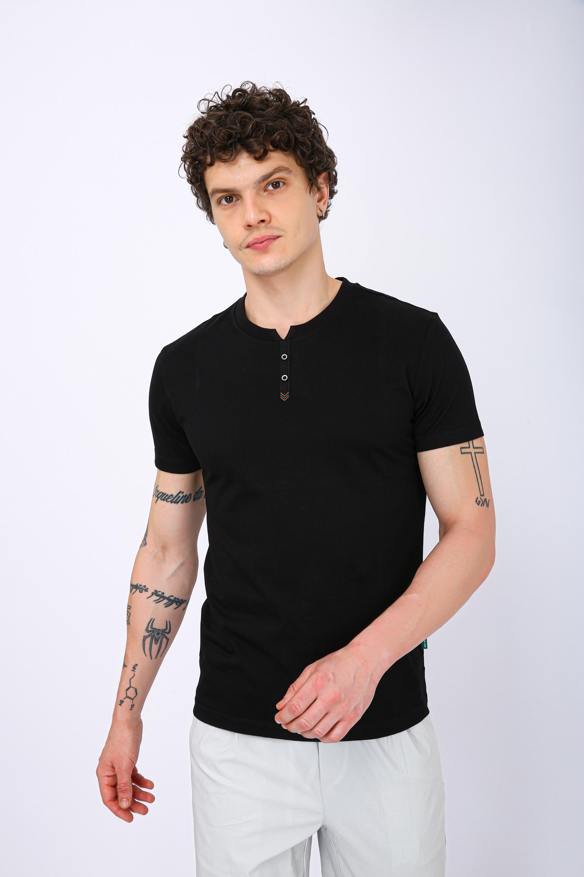 Men's Premium Henley Crew Neck T-Shirt - Black