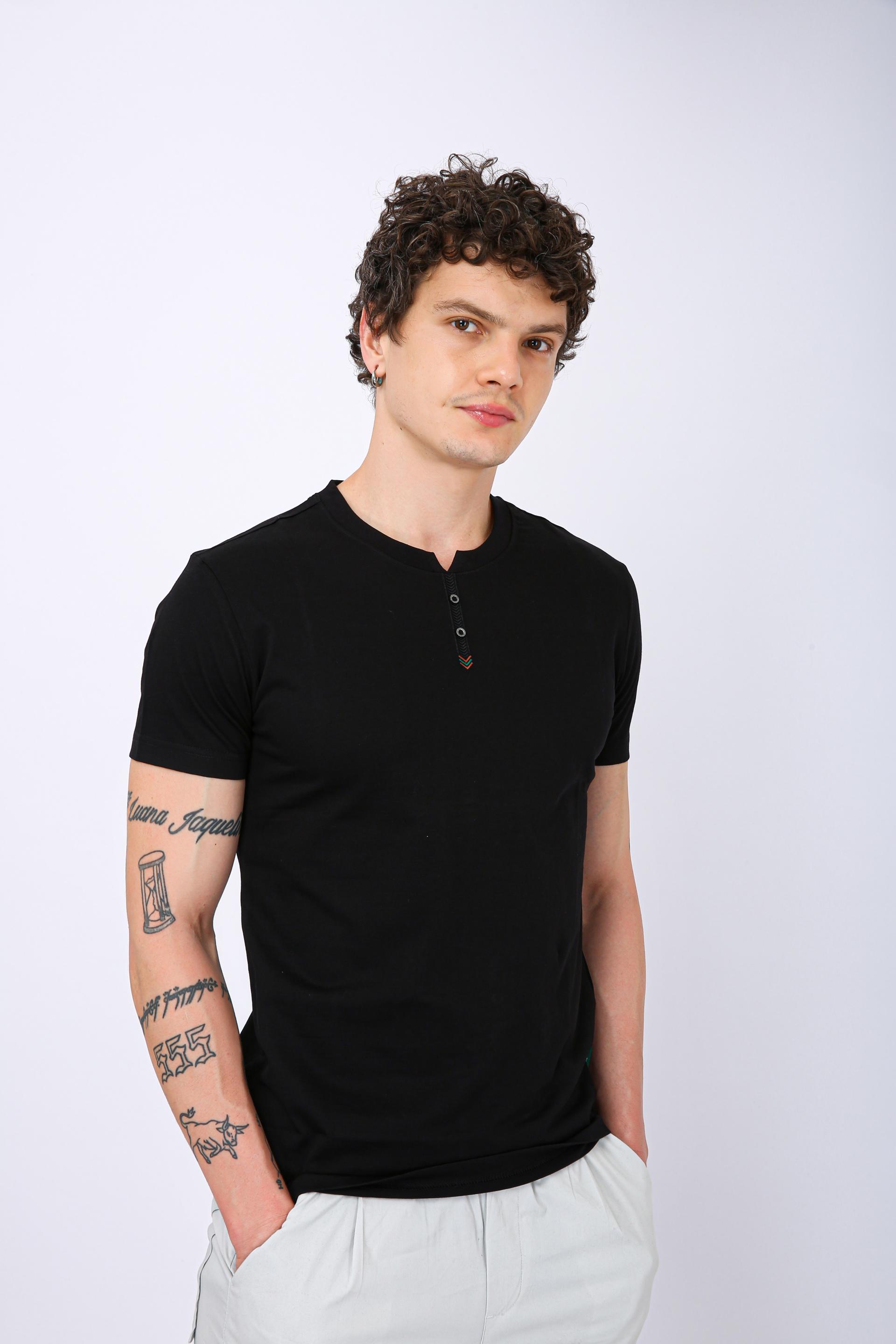 Men's Premium Henley Crew Neck T-Shirt - Black