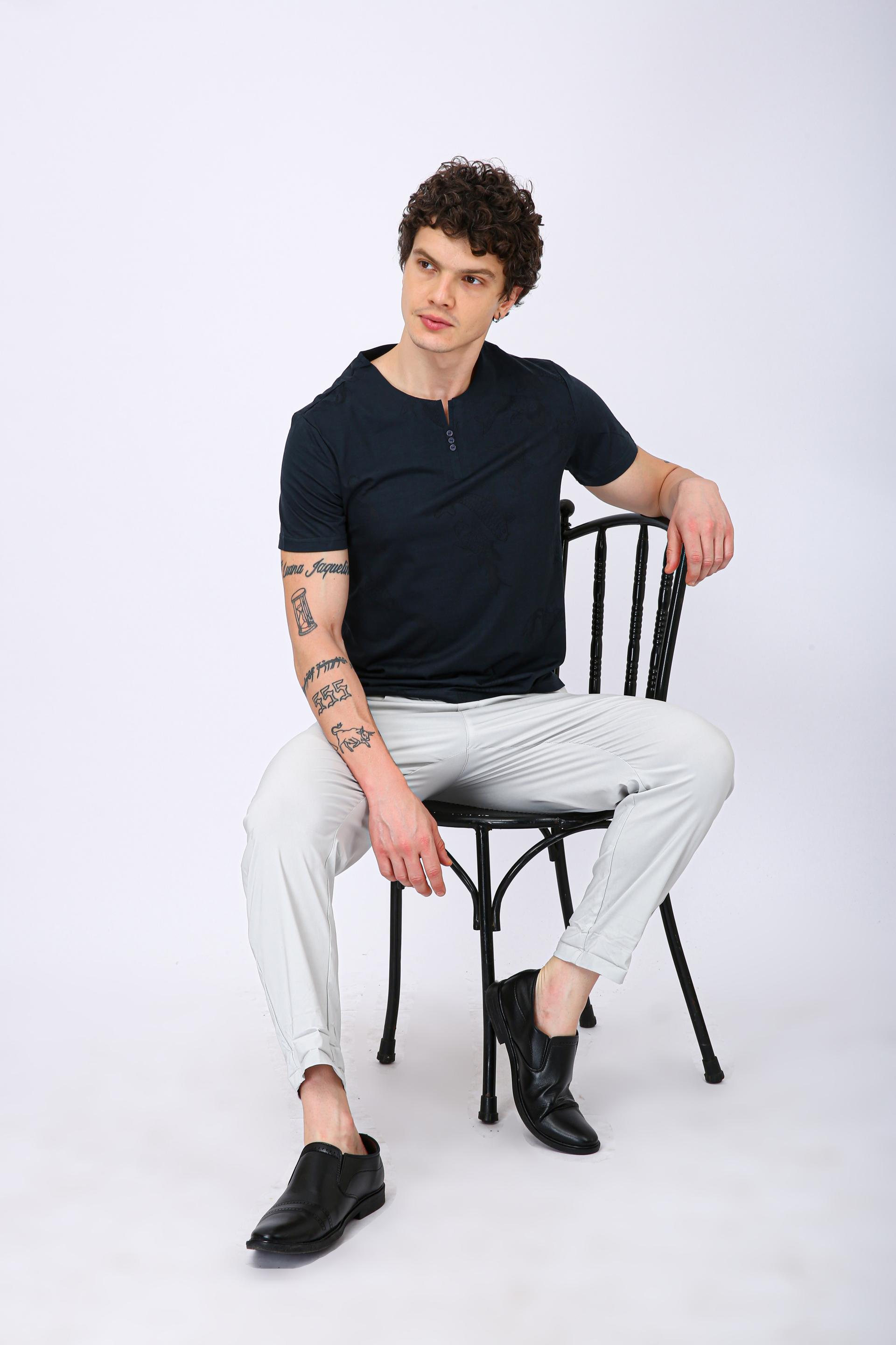 Printed Henley Neck T-Shirt - Morpich Fish Print