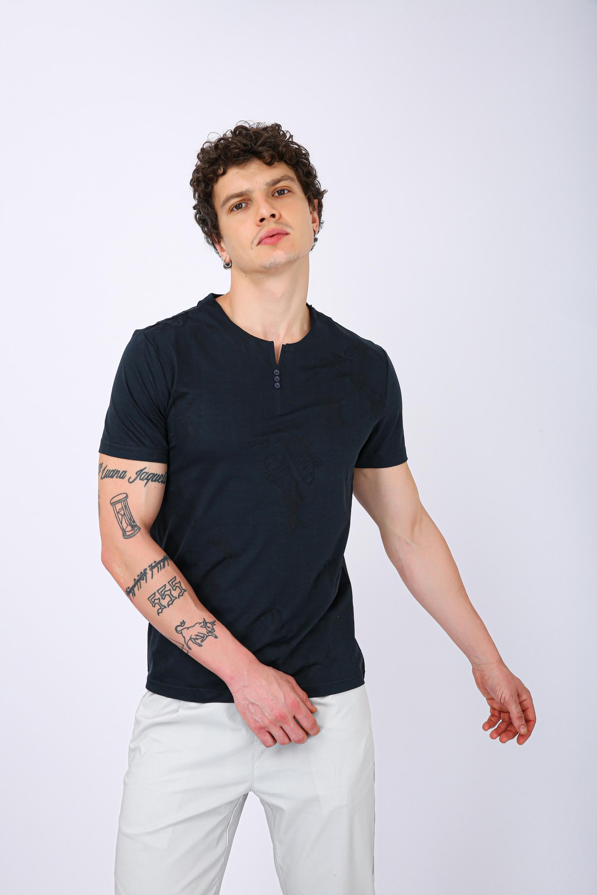 Printed Henley Neck T-Shirt - Morpich Fish Print