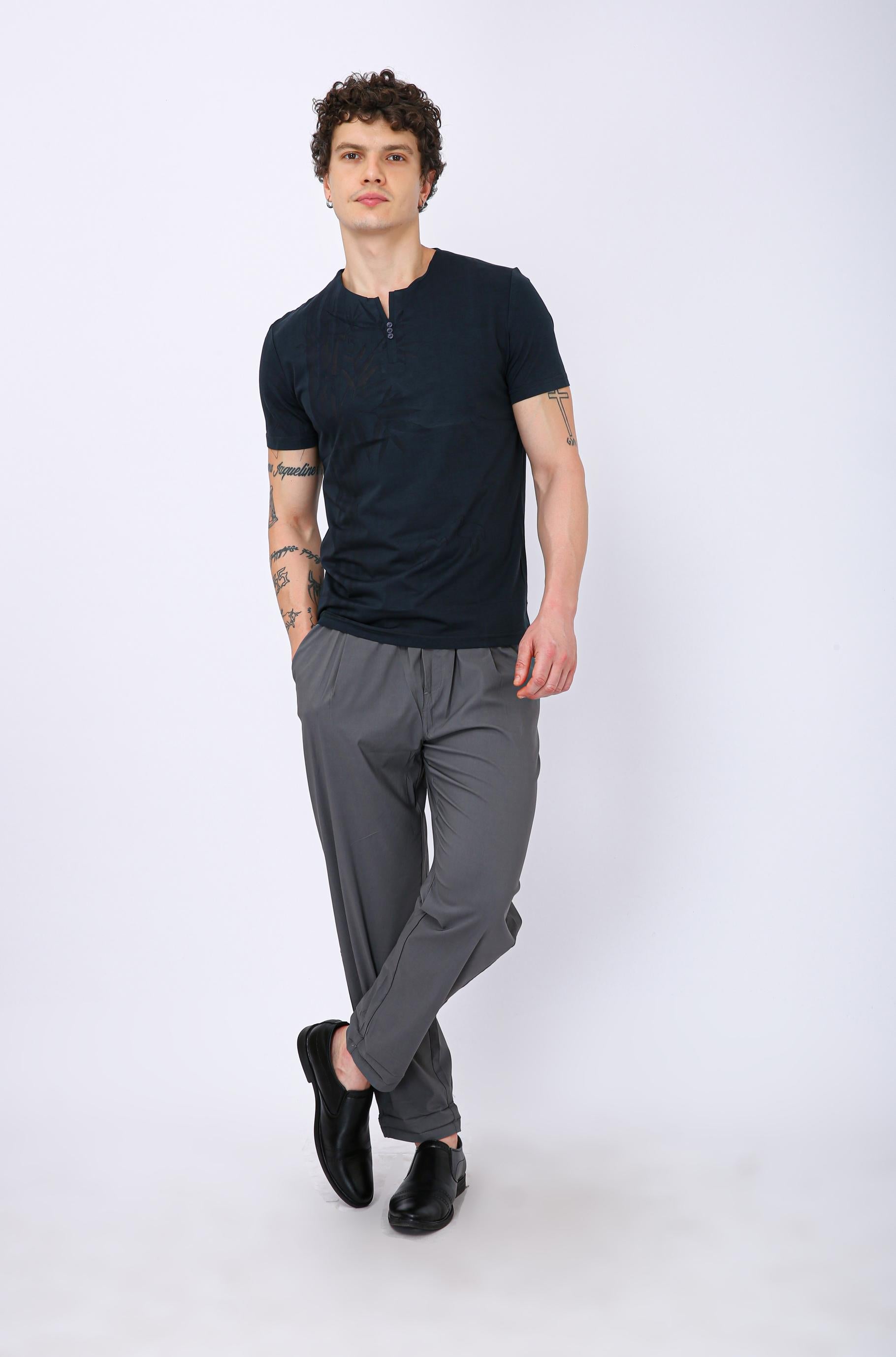 Printed Henley Neck T-Shirt - Morpich Leaf